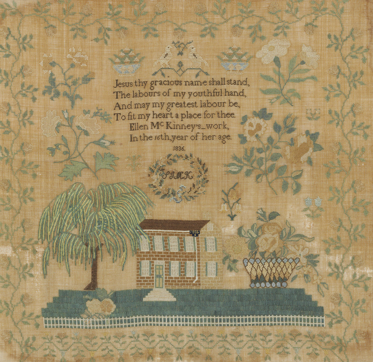 A SILK AND LINEN NEEDLEWORK SAMPLER , WORKED BY ELLEN MCKINNEY, DATED