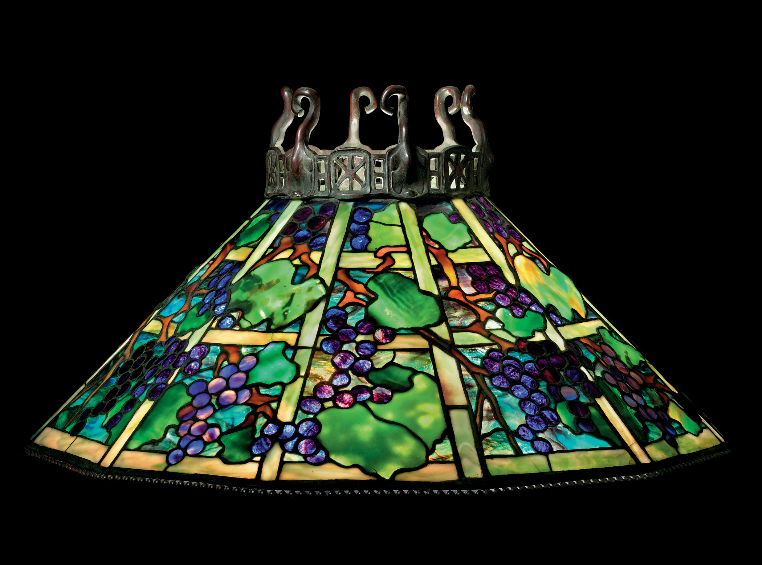TIFFANY STUDIOS , A 'GRAPE' LEADED GLASS AND BRONZE CHANDELIER, CIRCA