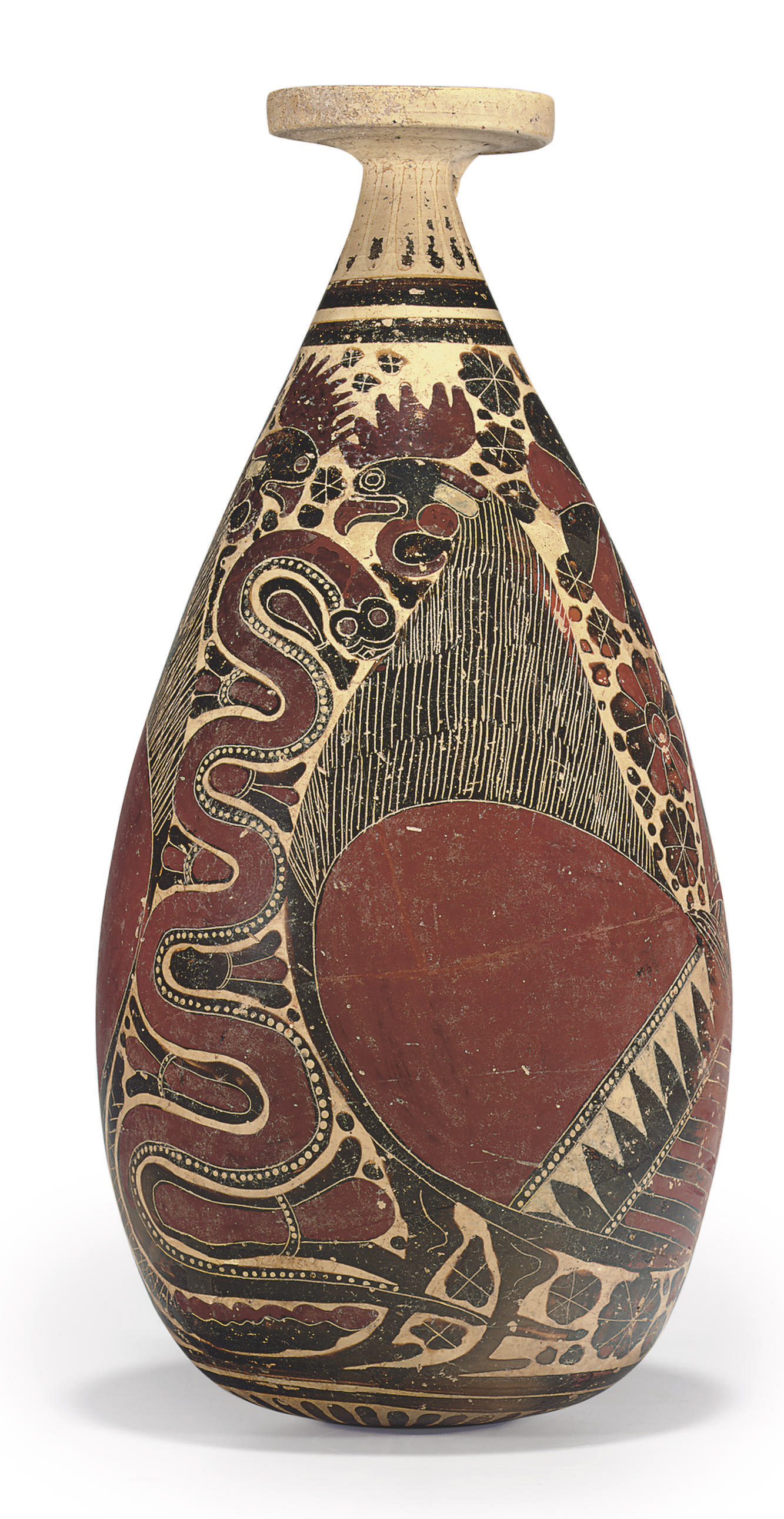 A LARGE CORINTHIAN BLACKFIGURED ALABASTRON , CIRCA 625600 B.C