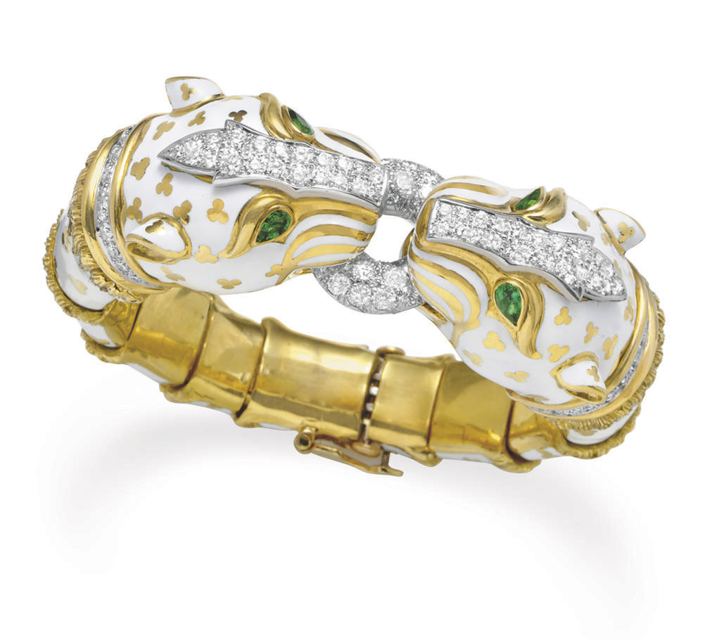 A DIAMOND, EMERALD AND ENAMEL PANTHER BRACELET, BY DAVID WEBB Christie's