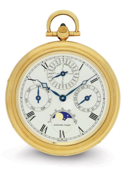 AUDEMARS PIGUET AN 18K GOLD OPENFACE PERPETUAL CALENDAR KEYLESS LEVER
