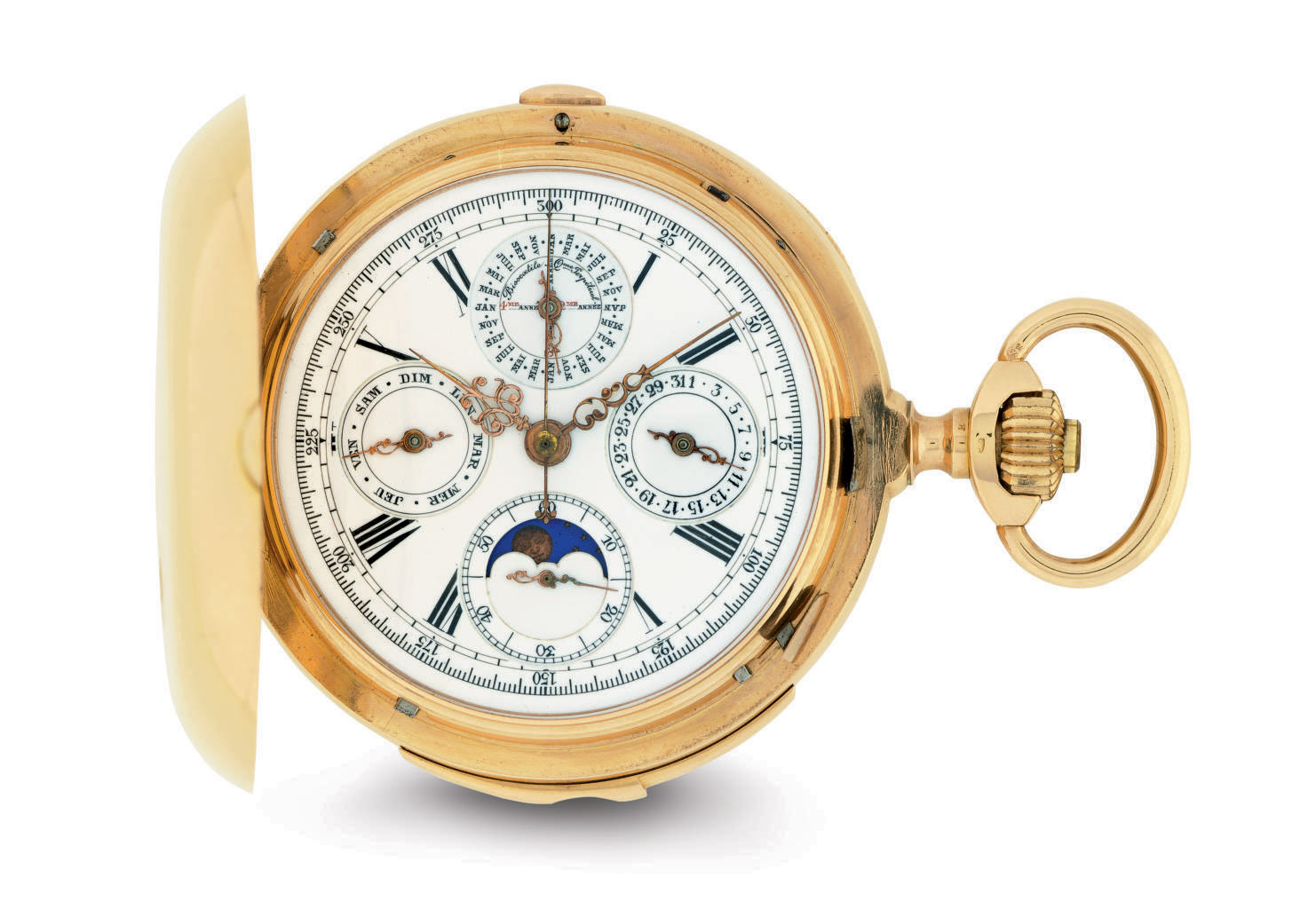 SWISS A HEAVY 18K GOLD HUNTER CASE MINUTE REPEATING PERPETUAL CALENDAR