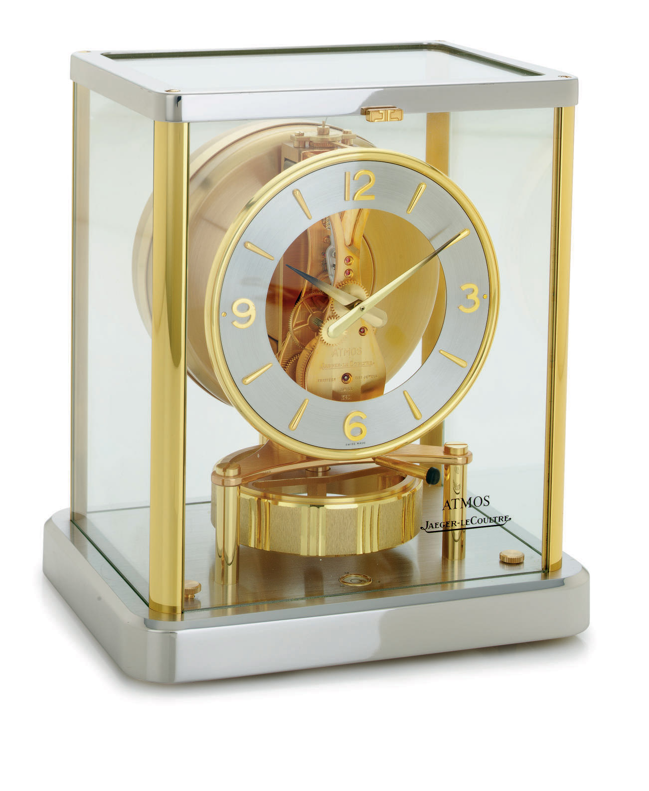 JAEGERLECOULTRE. A GILT AND CHROME ATMOS CLOCK , SIGNED JAEGER