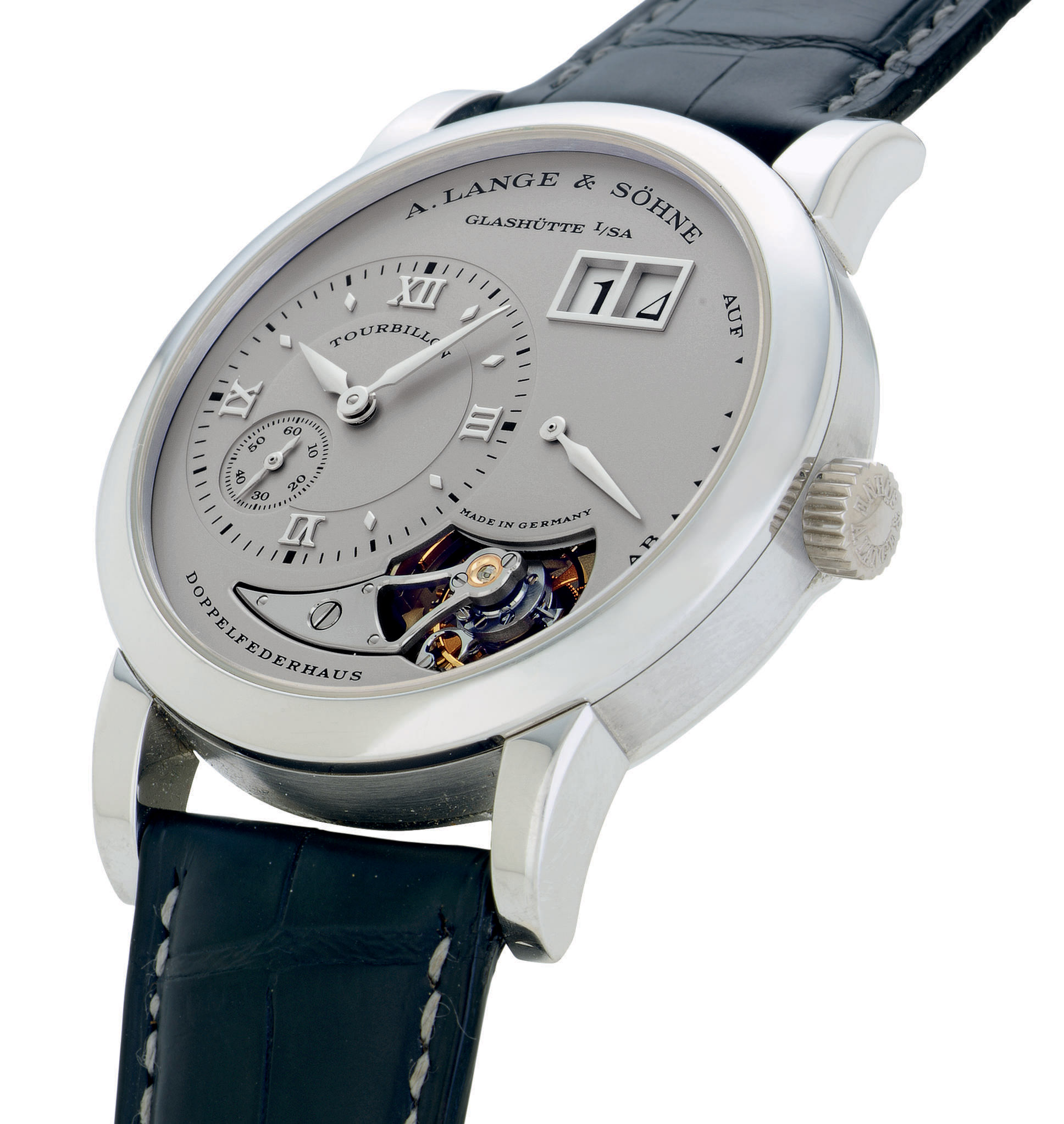 A. LANGE AND SÖHNE. A FINE AND RARE LIMITED EDITION OVERSIZED PLATINUM TOURBILLON WRISTWATCH
