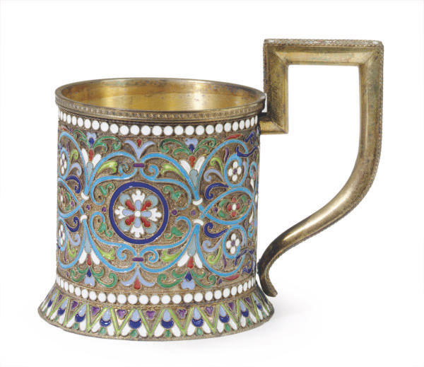 A RUSSIAN SILVERGILT AND ENAMEL TEA GLASS HOLDER, , ST.PETERSBURG
