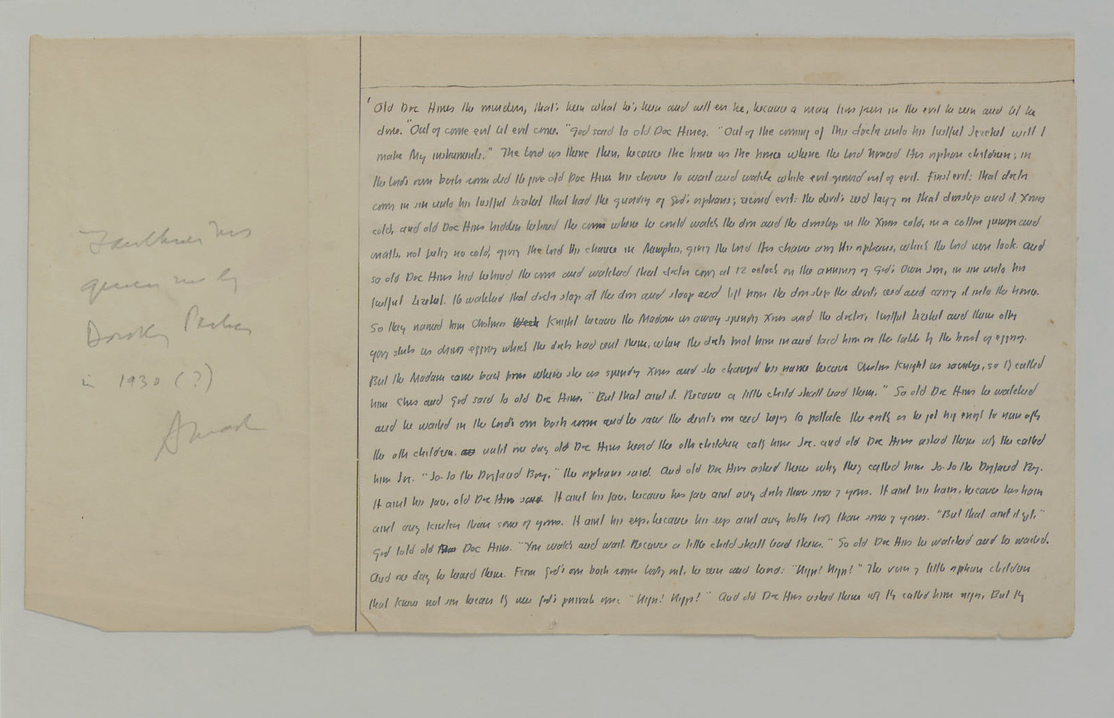 Faulkner William Autograph Manuscript Fragment For Light In August 21 Lines Approximately 400 Words Three Cancelled 8vo 4 3 8 X 5 In Tipped To A Larger Sheet With Archibald Macleish S Pencil Note Faulkner