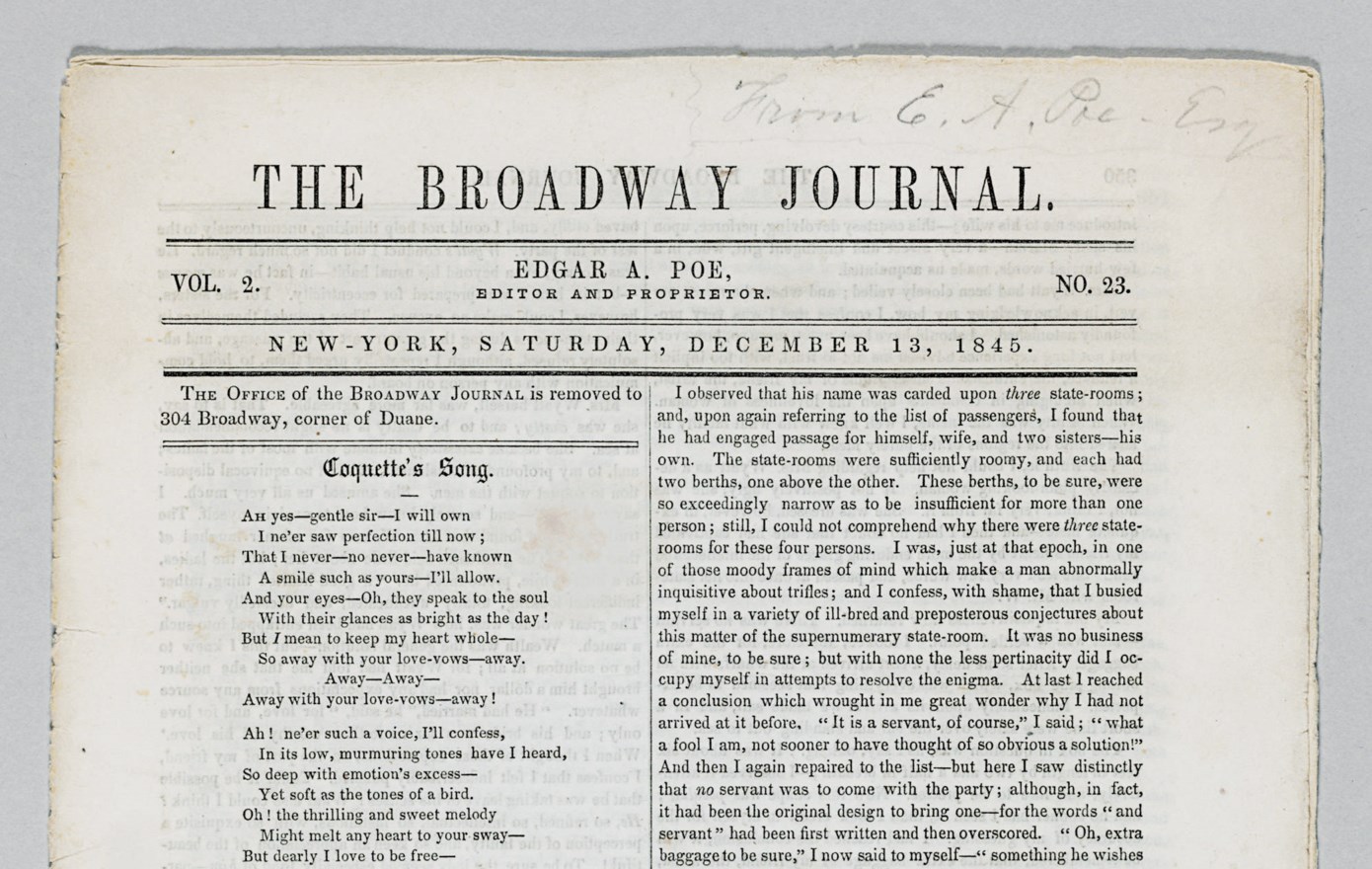 POE, Edgar Allan. "The Oblong Box." In The Broadway Journal, Vol. 2