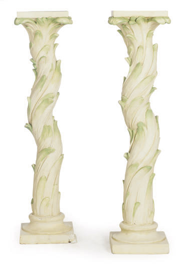 A Pair Of Cream And Green Painted Plaster Pedestals