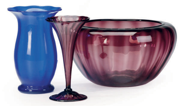 Two American Amethyst Glass Vases And A Blue Jade Vase
