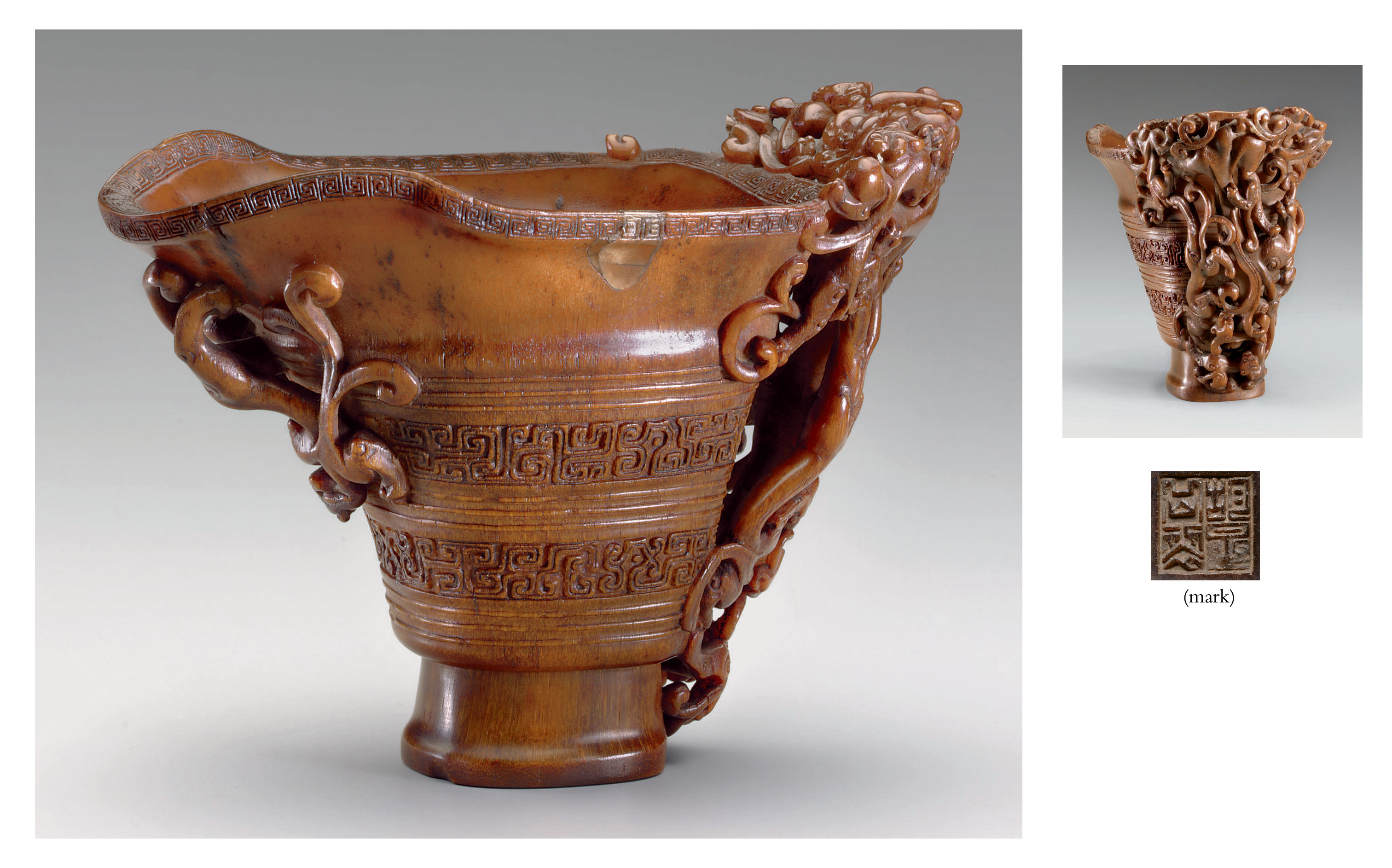 A FINELY CARVED SIGNED RHINOCEROS HORN CUP