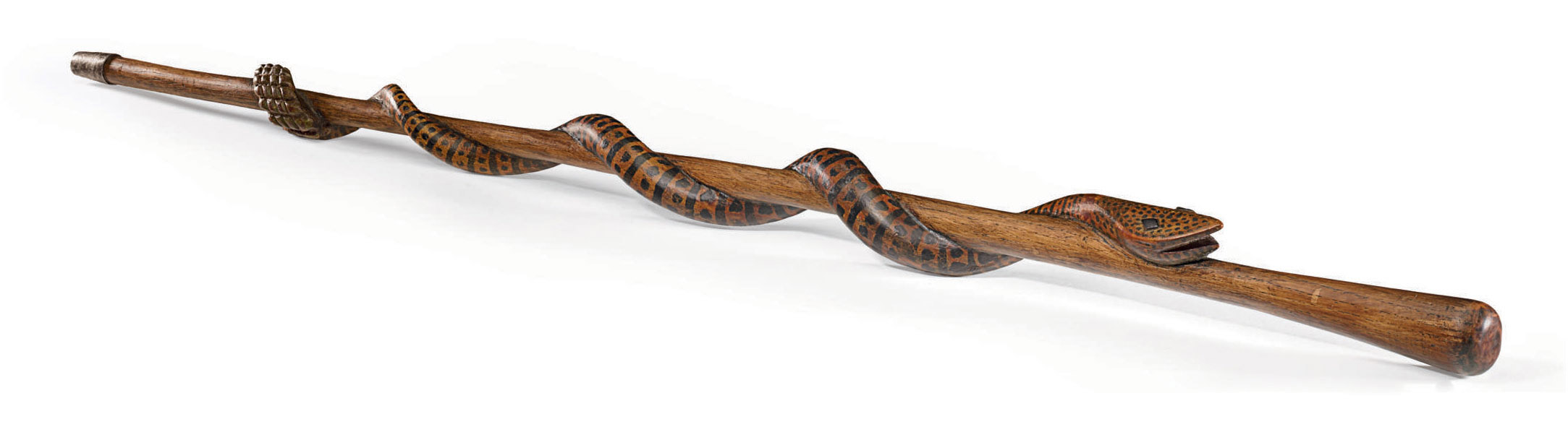 A CARVED AND PAINTED SNAKE WALKING STICK