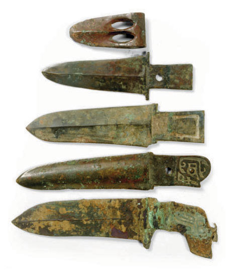 FIVE CHINESE BRONZE RITUAL BLADES, , EASTERN ZHOU DYNASTY ...