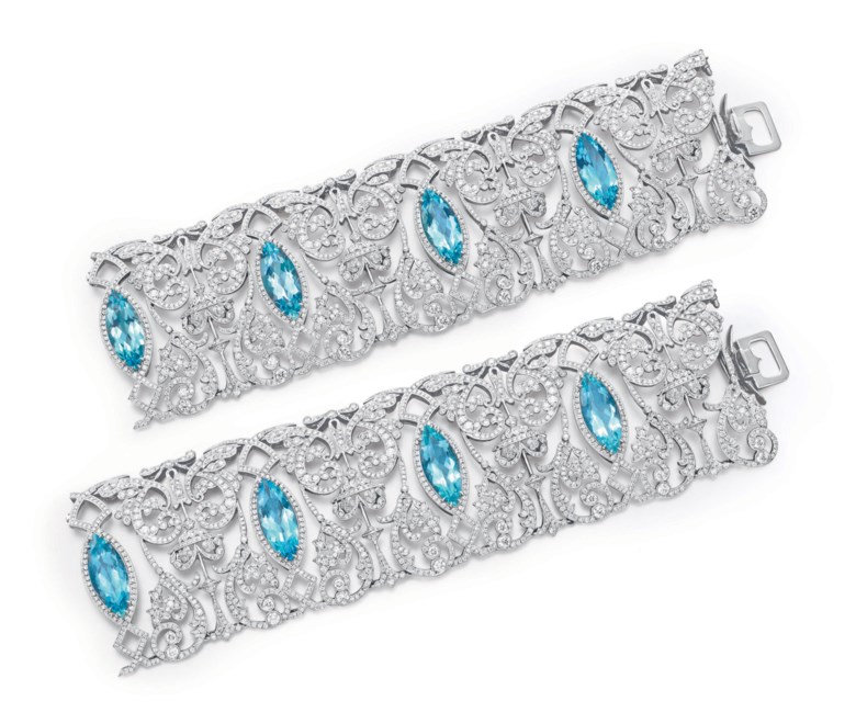 A diamond and aquamarine choker neckace, by Tiffany & Co., signed Tiffany & Co. Sold for $80,500 on 20 October 2010 at Christie’s in New York