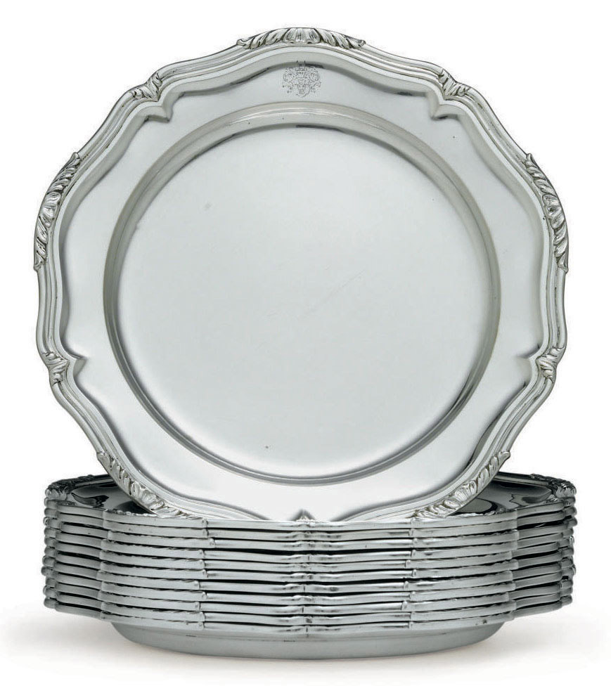 A SET OF TWELVE GERMAN SILVER DINNER PLATES , EIGHT MARK OF MARPE NACHF