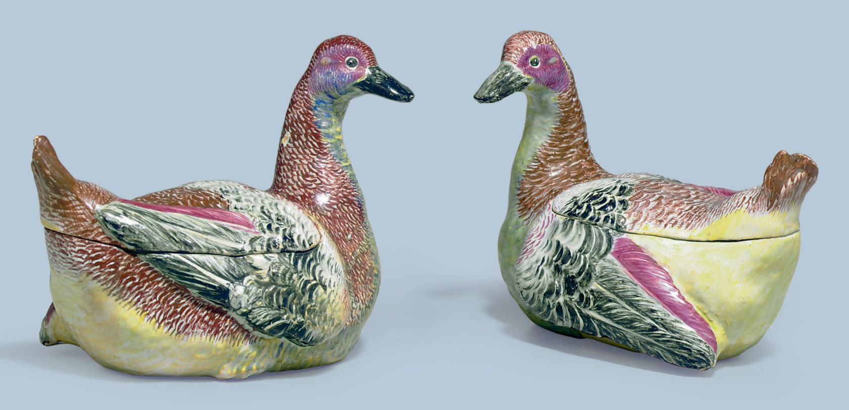 TWO DUTCH DELFT POLYCHROME DUCK TUREENS , MID18TH CENTURY; ONE WITH