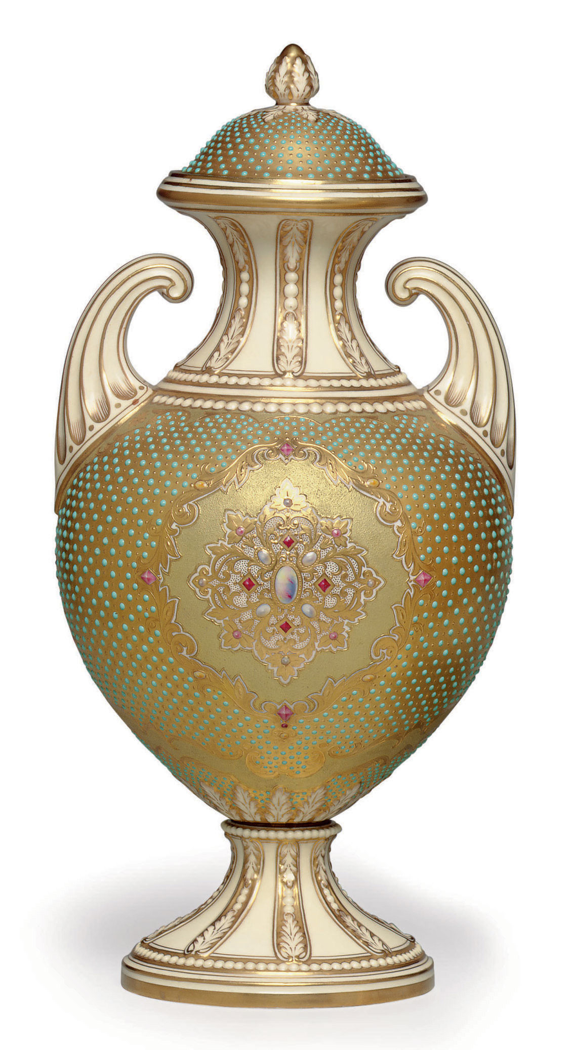 A Coalport Porcelain Jeweled Gold And Ivory Ground Vase And