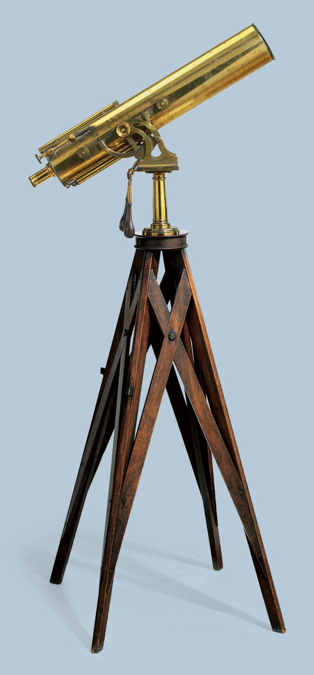 A III BRASS 5 1/2 INCH REFLECTING TELESCOPE ON MAHOGANY STAND