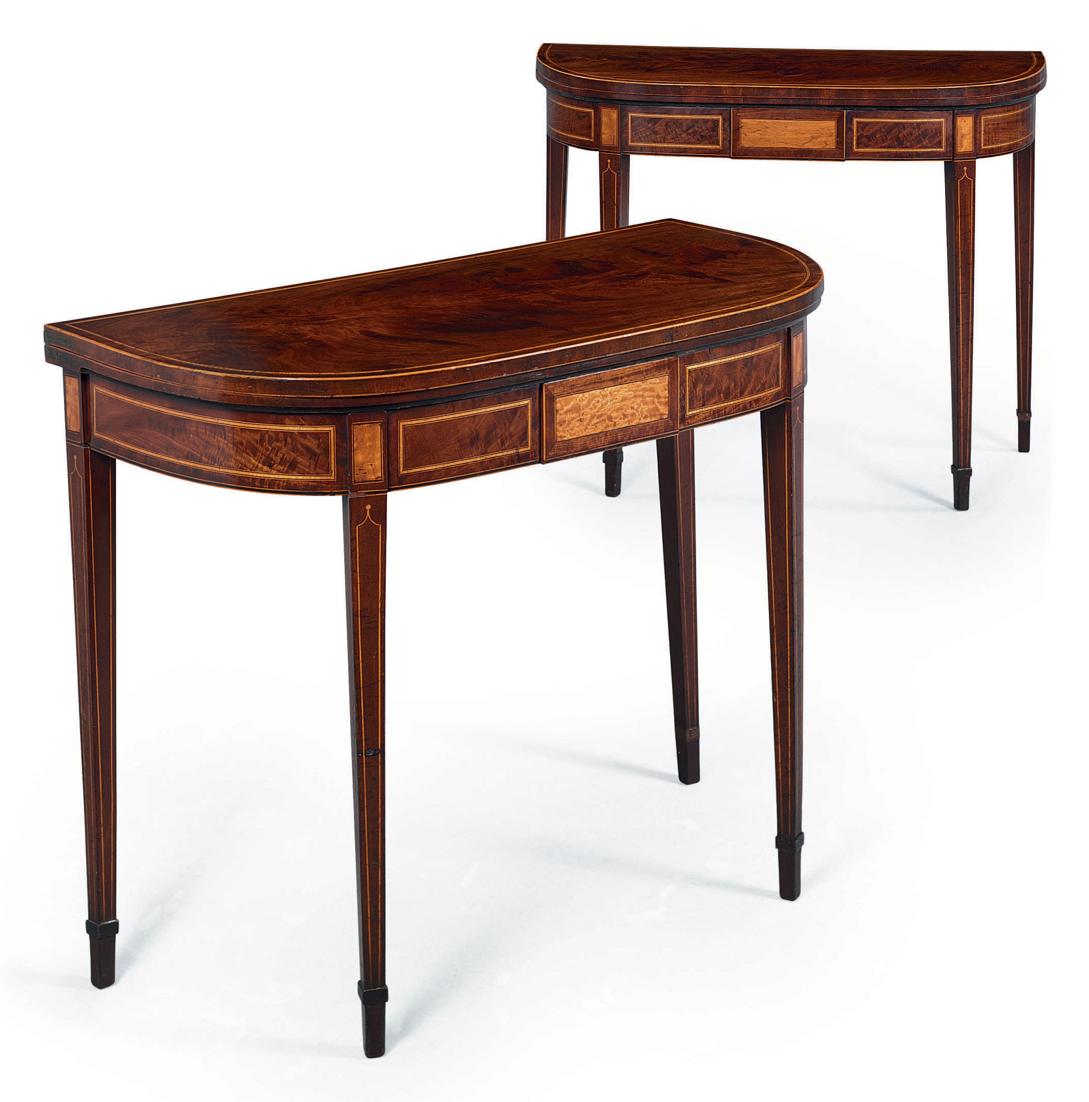 A PAIR OF GEORGE III MAHOGANY AND SATINWOOD DOUBLE GATE LEG CARD TABLES