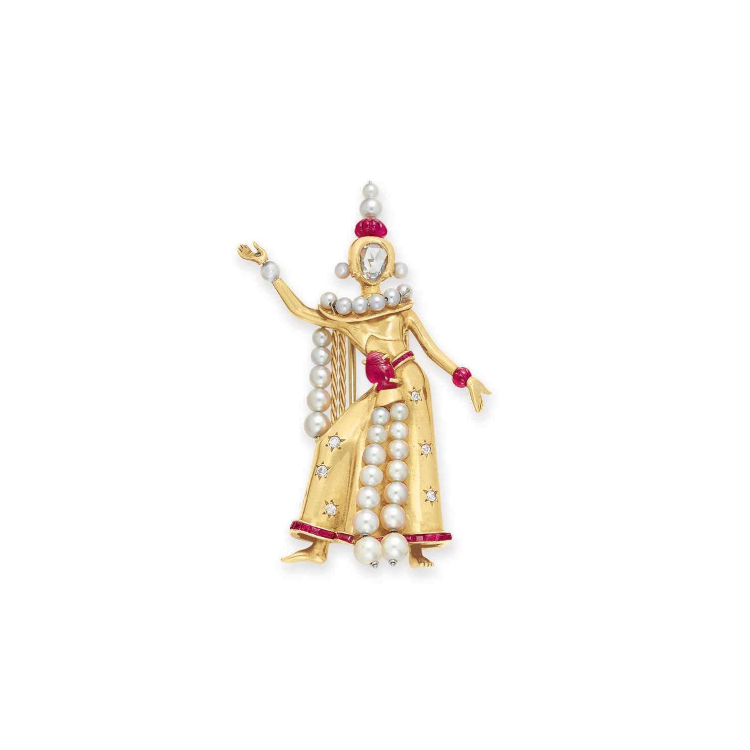 A RETRO DIAMOND, RUBY AND PEARL TRADITIONAL THAI DANCER BROOCH, BY VAN
