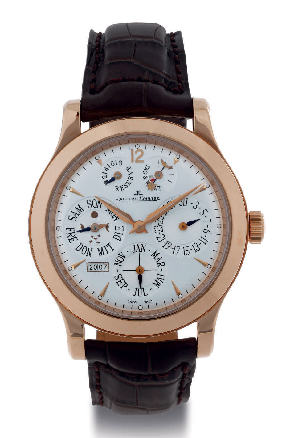 JAEGERLECOULTRE. AN 18K PINK GOLD 8DAY PERPETUAL CALENDAR WRISTWATCH