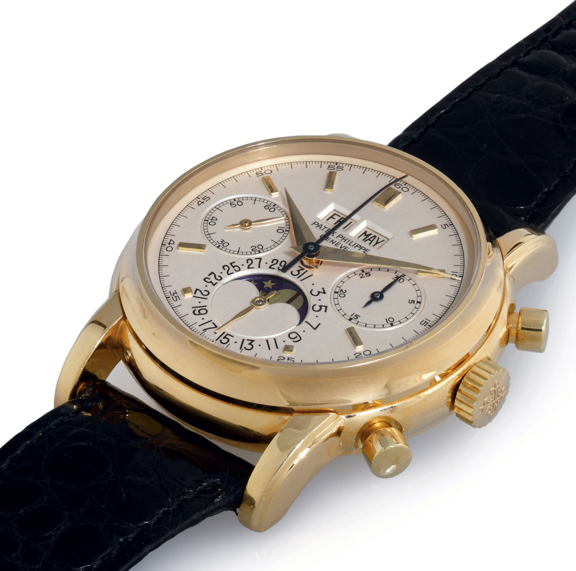 PATEK PHILIPPE. AN EXTREMELY FINE AND RARE 18K GOLD PERPETUAL CALENDAR