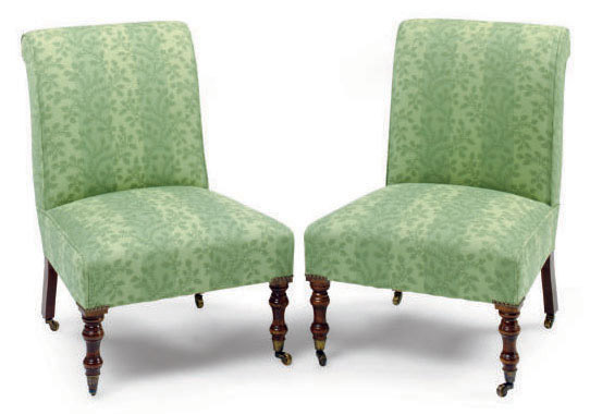 A Pair Of Mahogany And Green Patterned Silk Upholstered Slipper Chairs