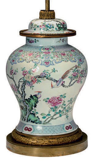 A CHINESE EXPORT FAMILLE ROSE BALUSTER JAR MOUNTED AS A LAMP, , 20TH ...