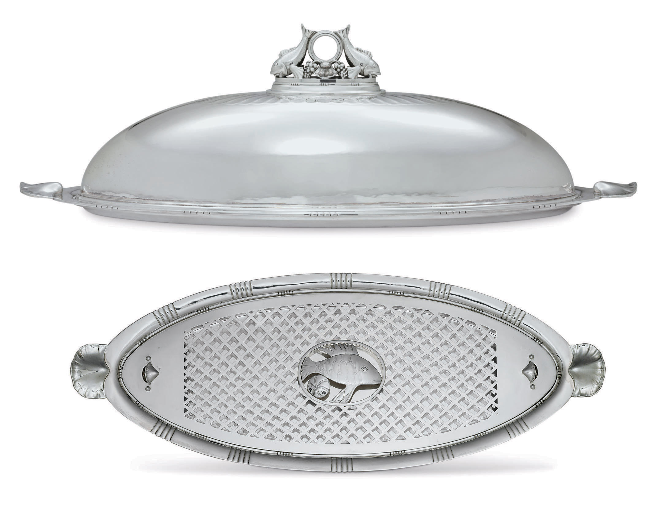 A FINE DANISH SILVER FISH PLATTER, COVER AND MAZARINE DESIGNED BY JOHAN