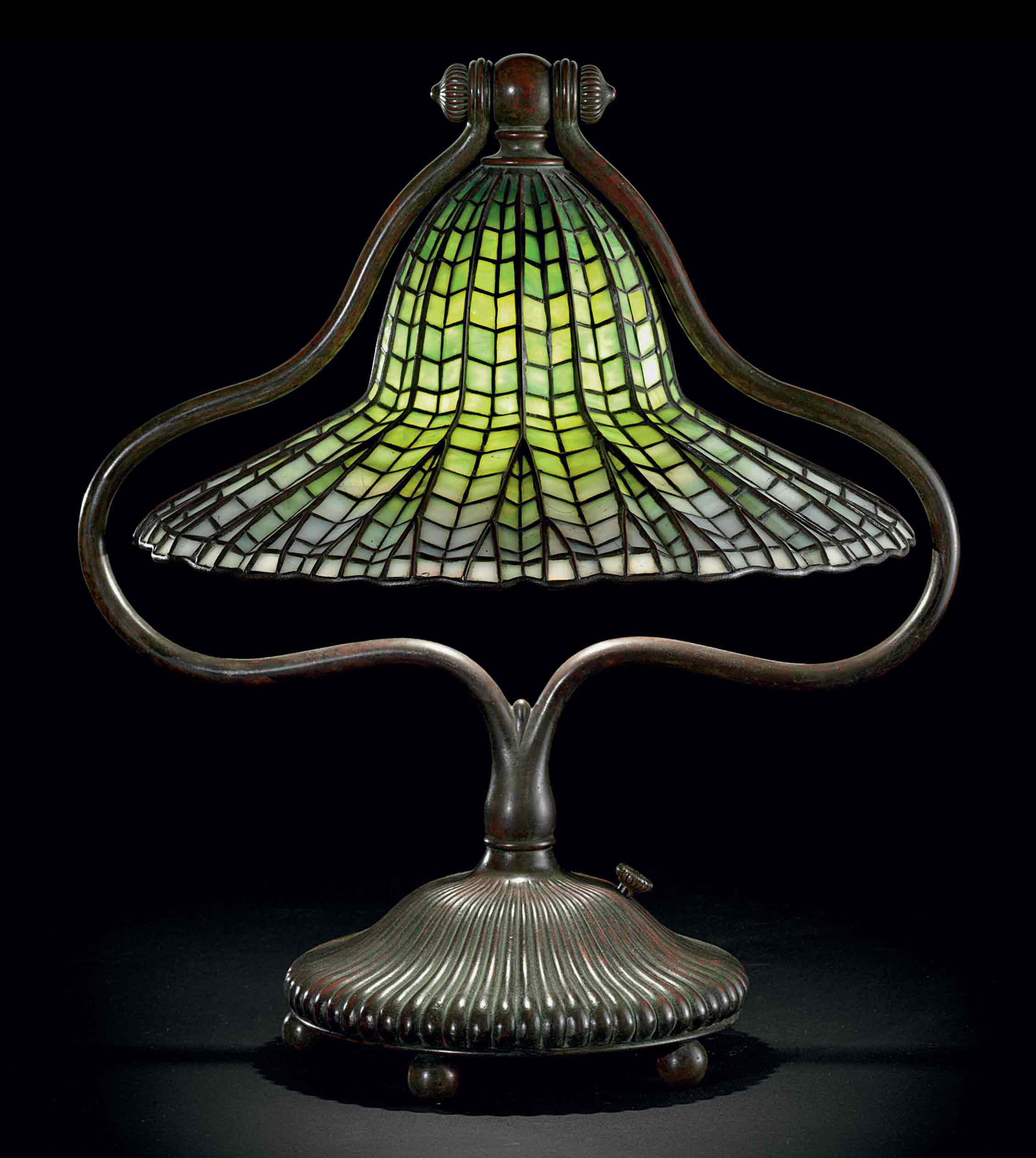 TIFFANY STUDIOS , A 'LOTUS BELL' LEADED GLASS AND BRONZE ...