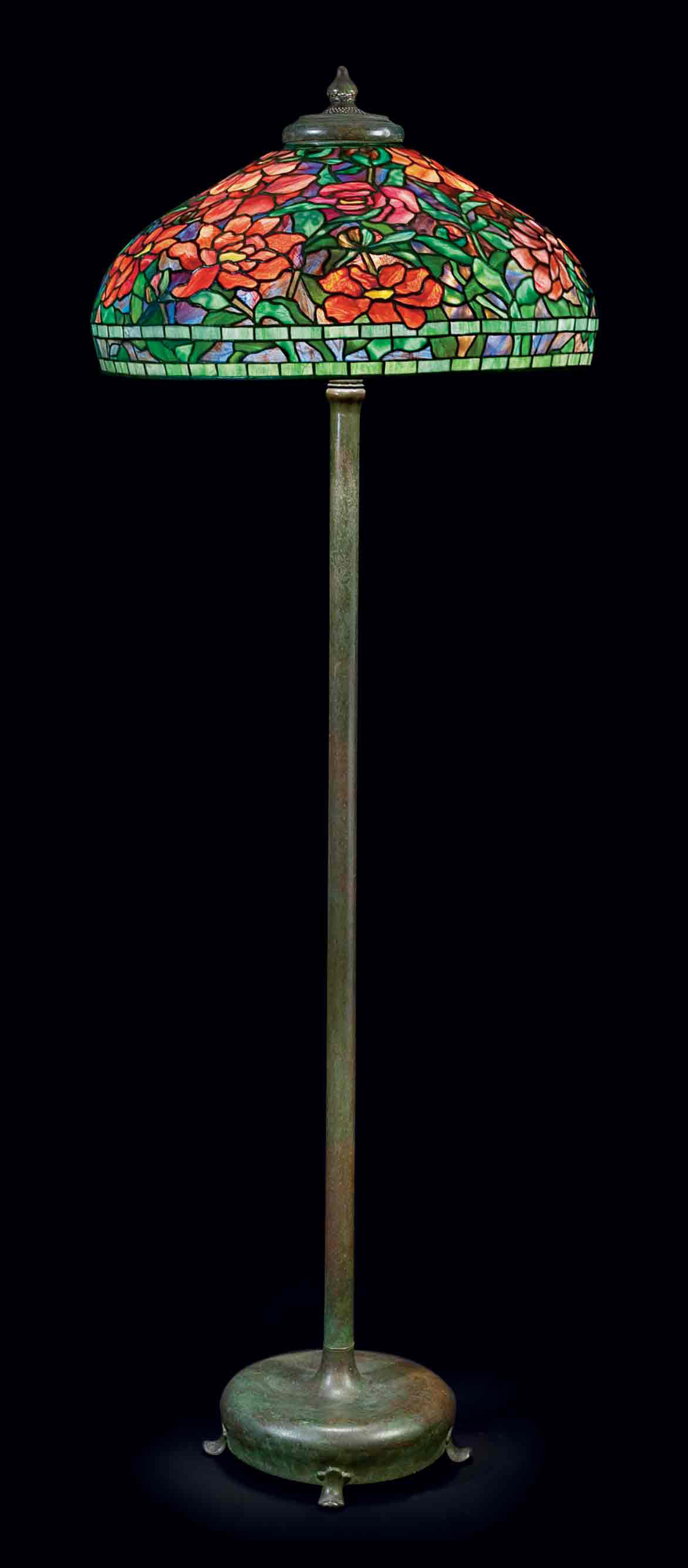 TIFFANY STUDIOS , A 'PEONY' LEADED GLASS AND BRONZE FLOOR LAMP, CIRCA