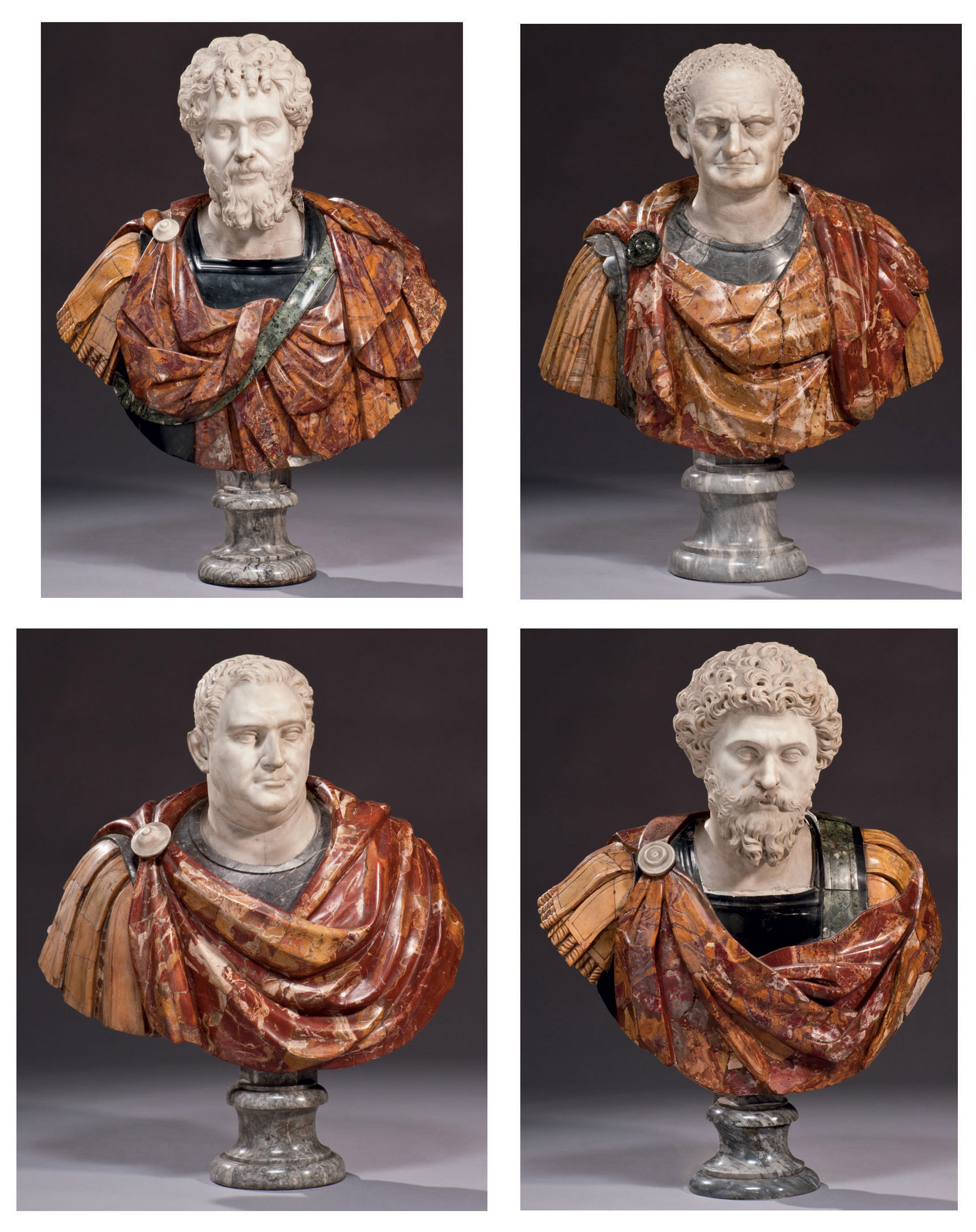 quatre bustes en marbre polychrome representant les empereurs romains marc aurelius septimus severus titus et vitellius