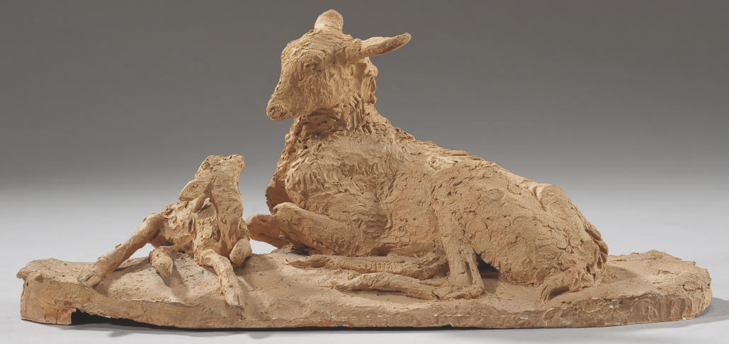 Groupe En Terre Cuite Representant Une Biche Et Son Faon
