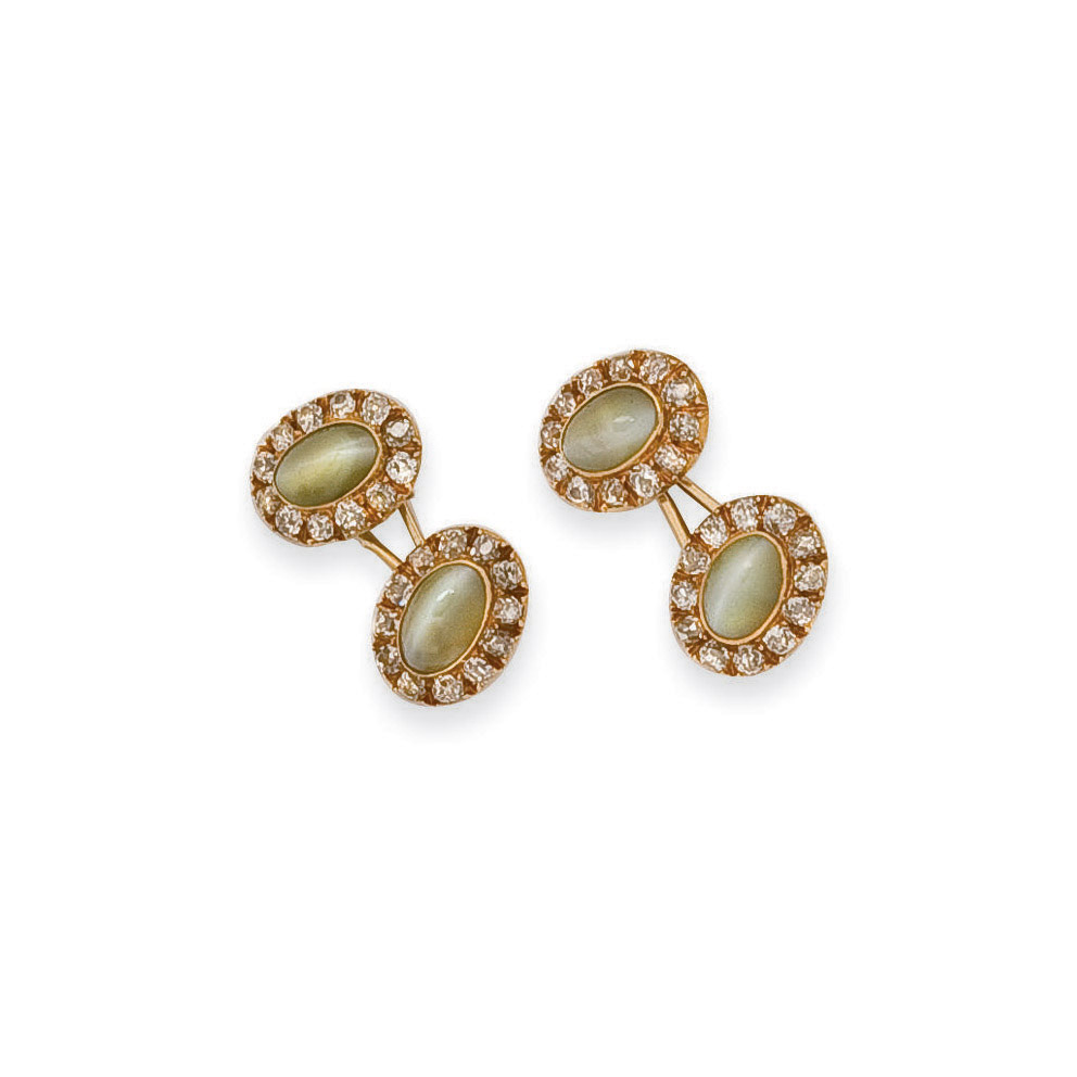 Paire De Boutons De Manchettes Chrysoberyl Oeil De Chat Et Diamants