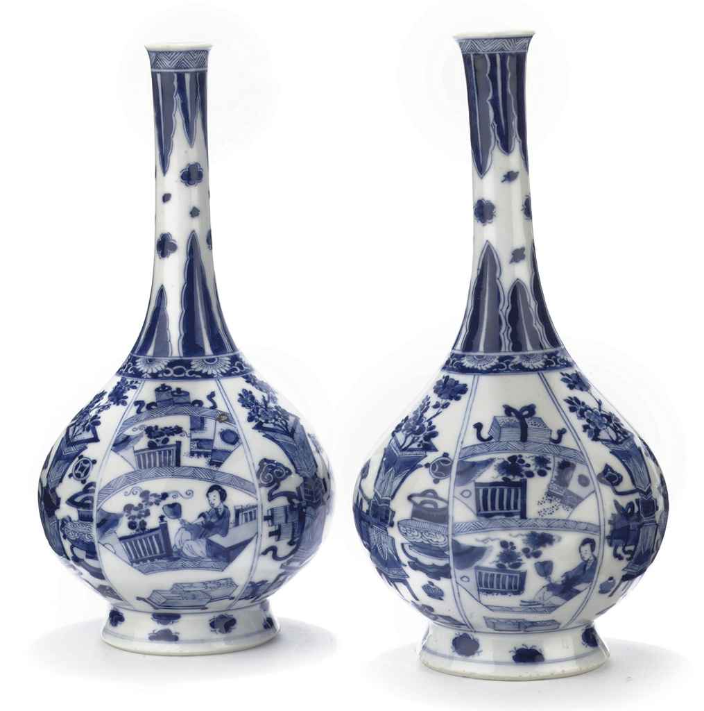 A pair of Chinese blue and white bottle vases , KANGXI (16621722