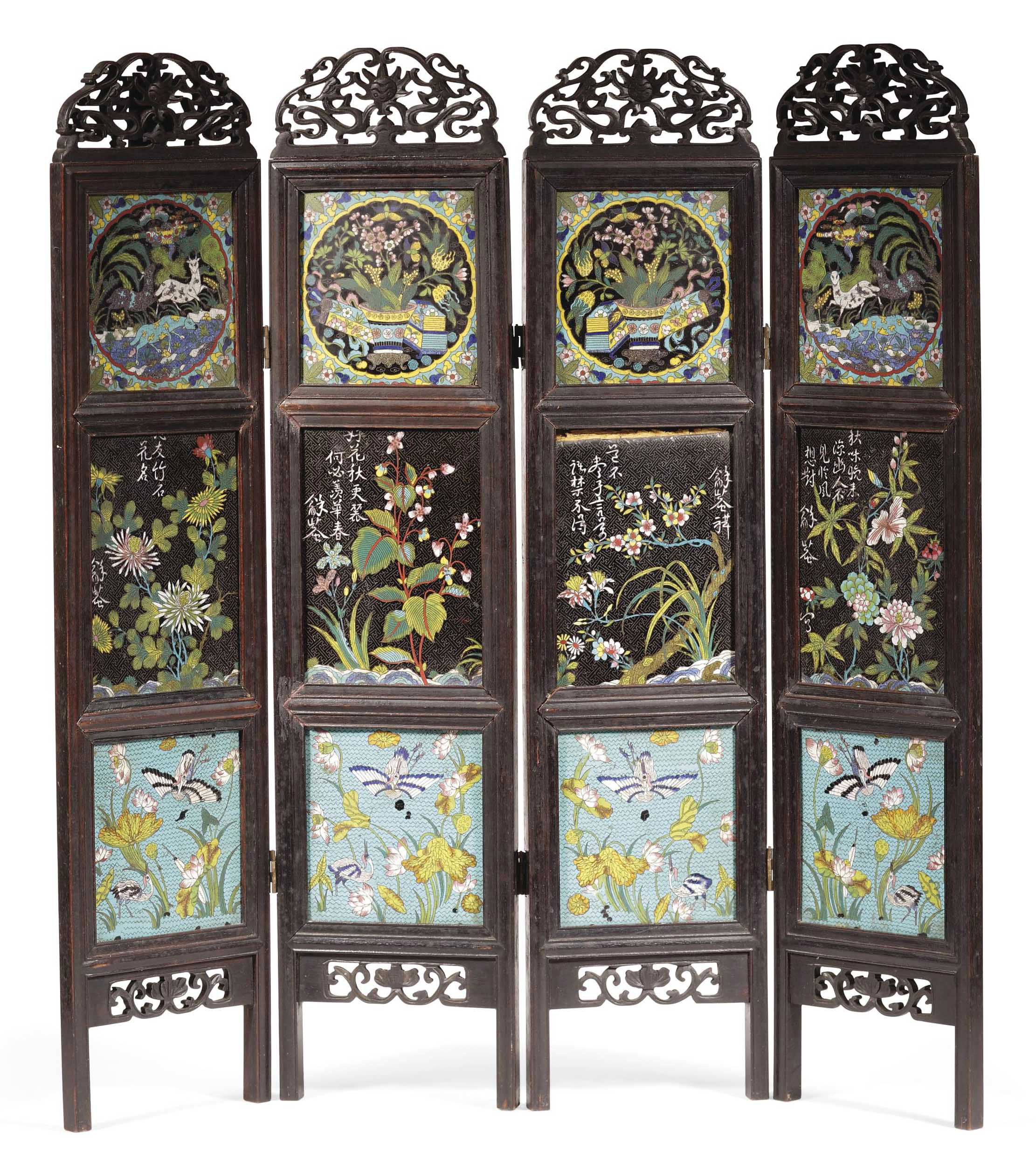 A Chinese wood and cloisonné fourpanel table screen , LATE QING