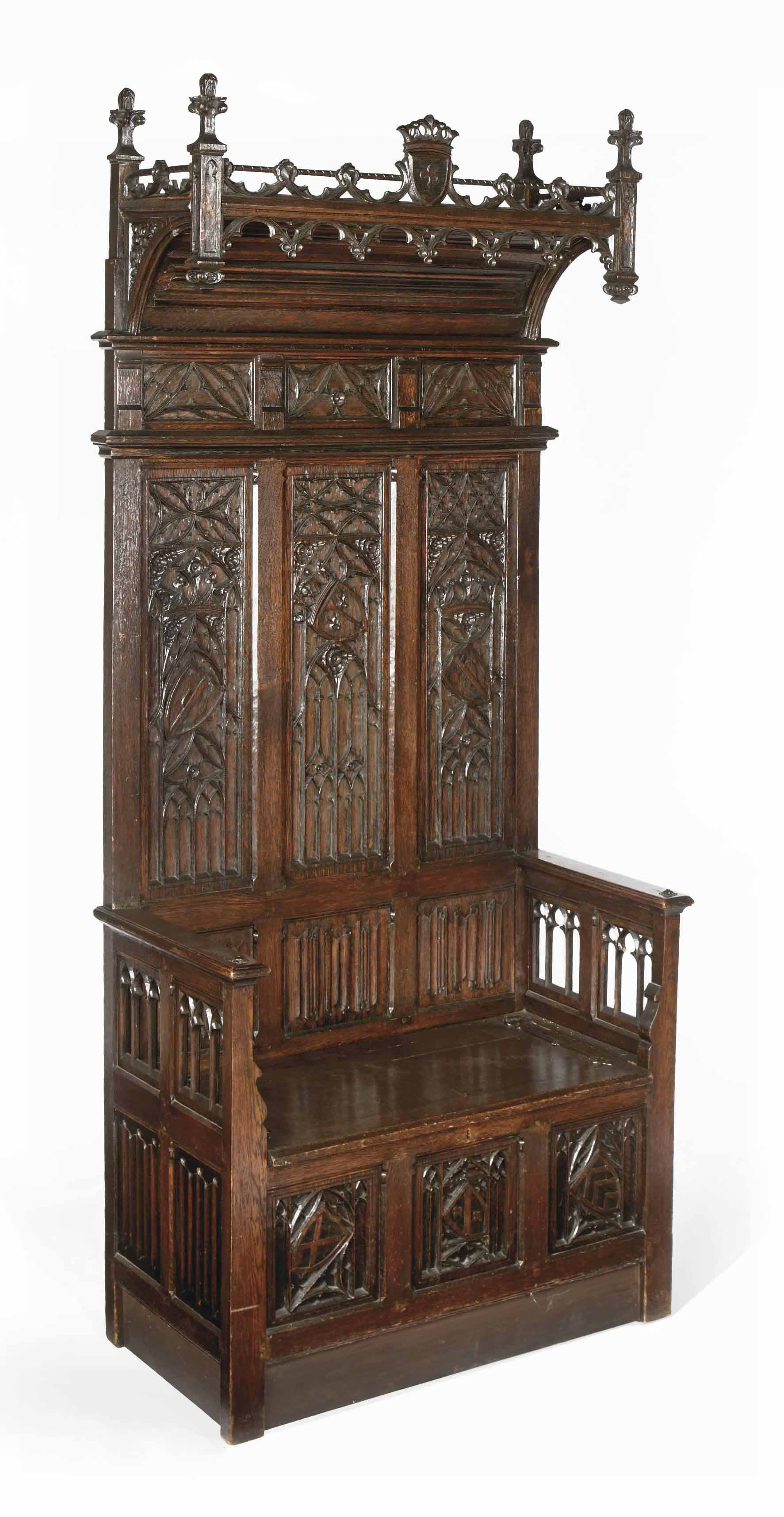 A German Gothic Revival Oak Hall Bench Late 19th Century Bench