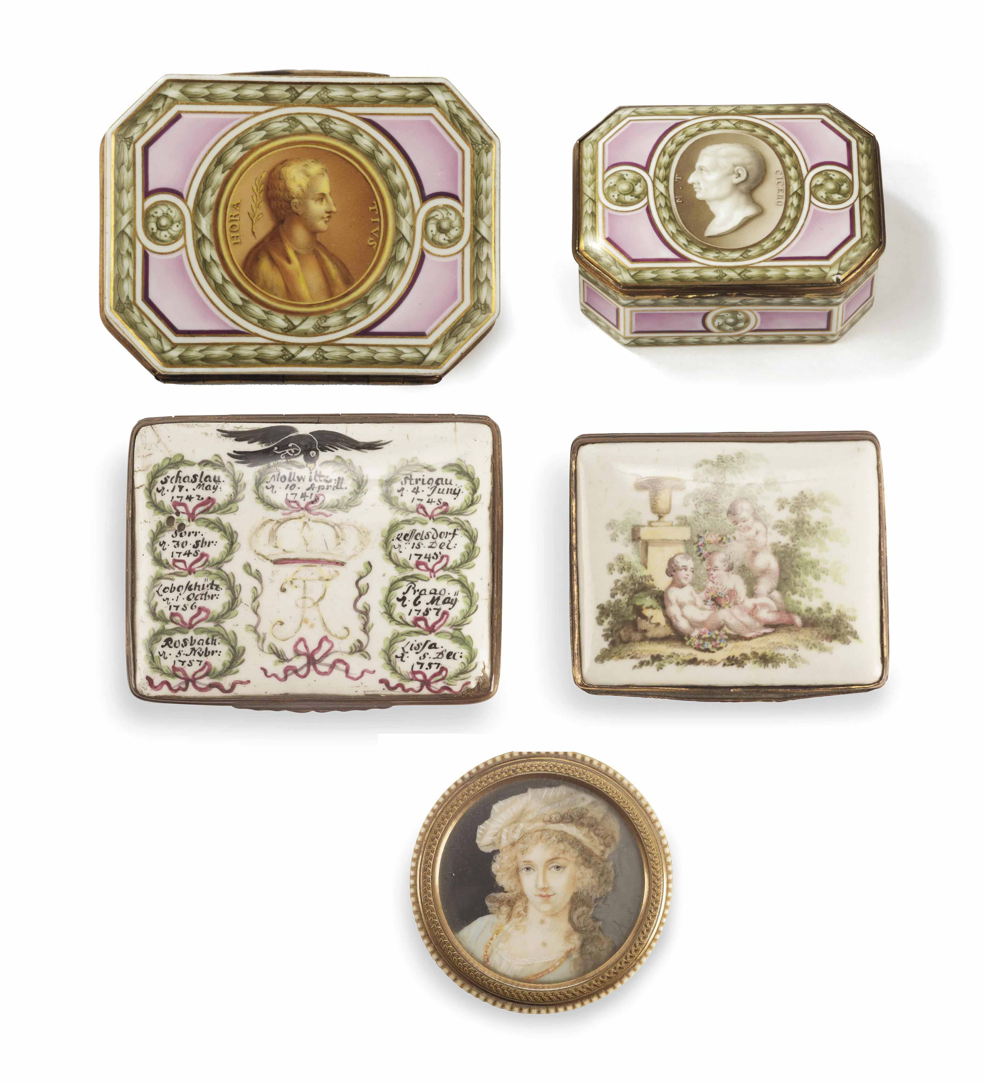 Three German enamel boxes and covers and an ivory pillbox , LATE 18TH