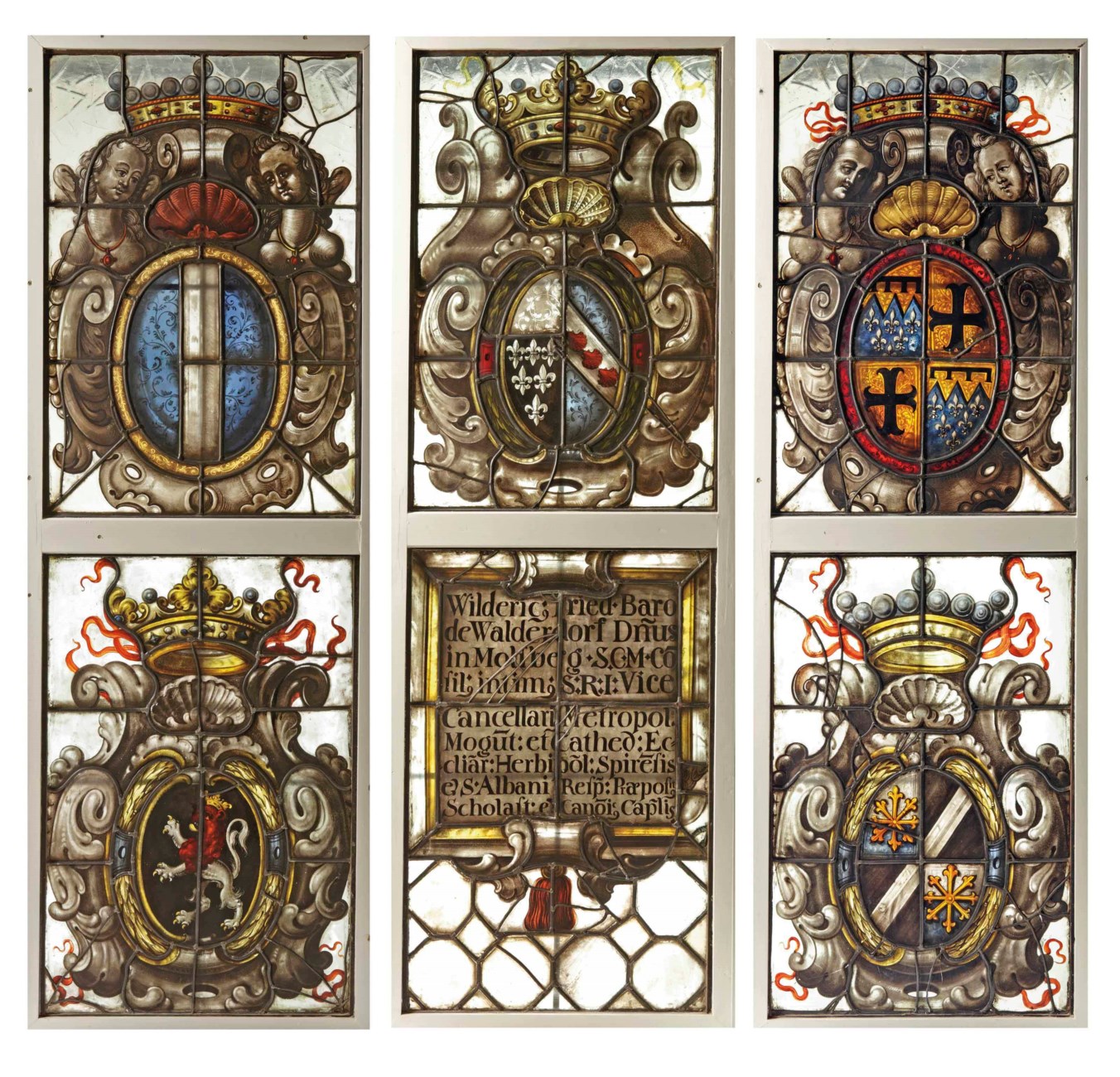 A SET OF FIVE STAINED GLASS ARMORIAL PANELS