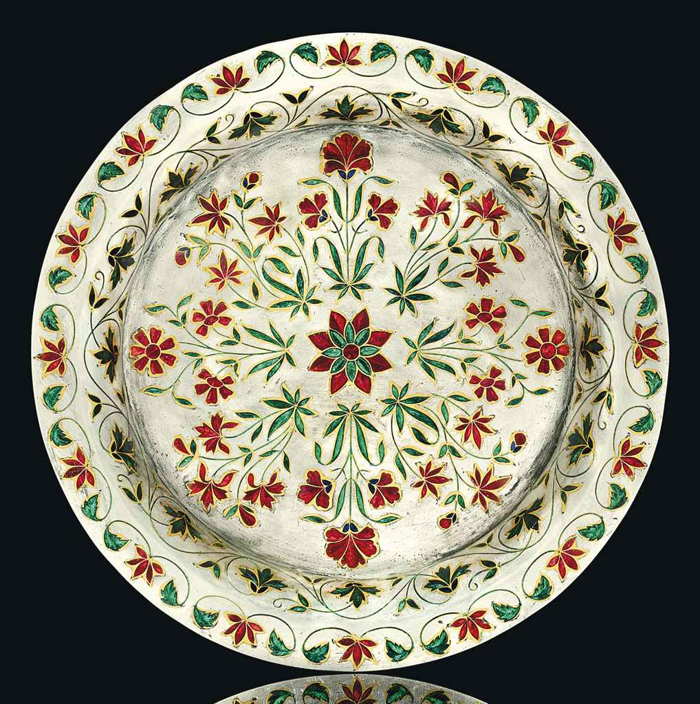 A MUGHAL ENAMELLED AND GOLD INLAID SILVER DISH , INDIA, CIRCA 1700