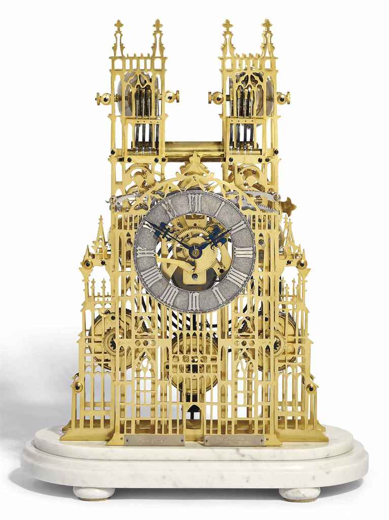 A VICTORIAN BRASS QUARTERCHIMING EIGHT DAY WESTMINSTER ABBEY SKELETON