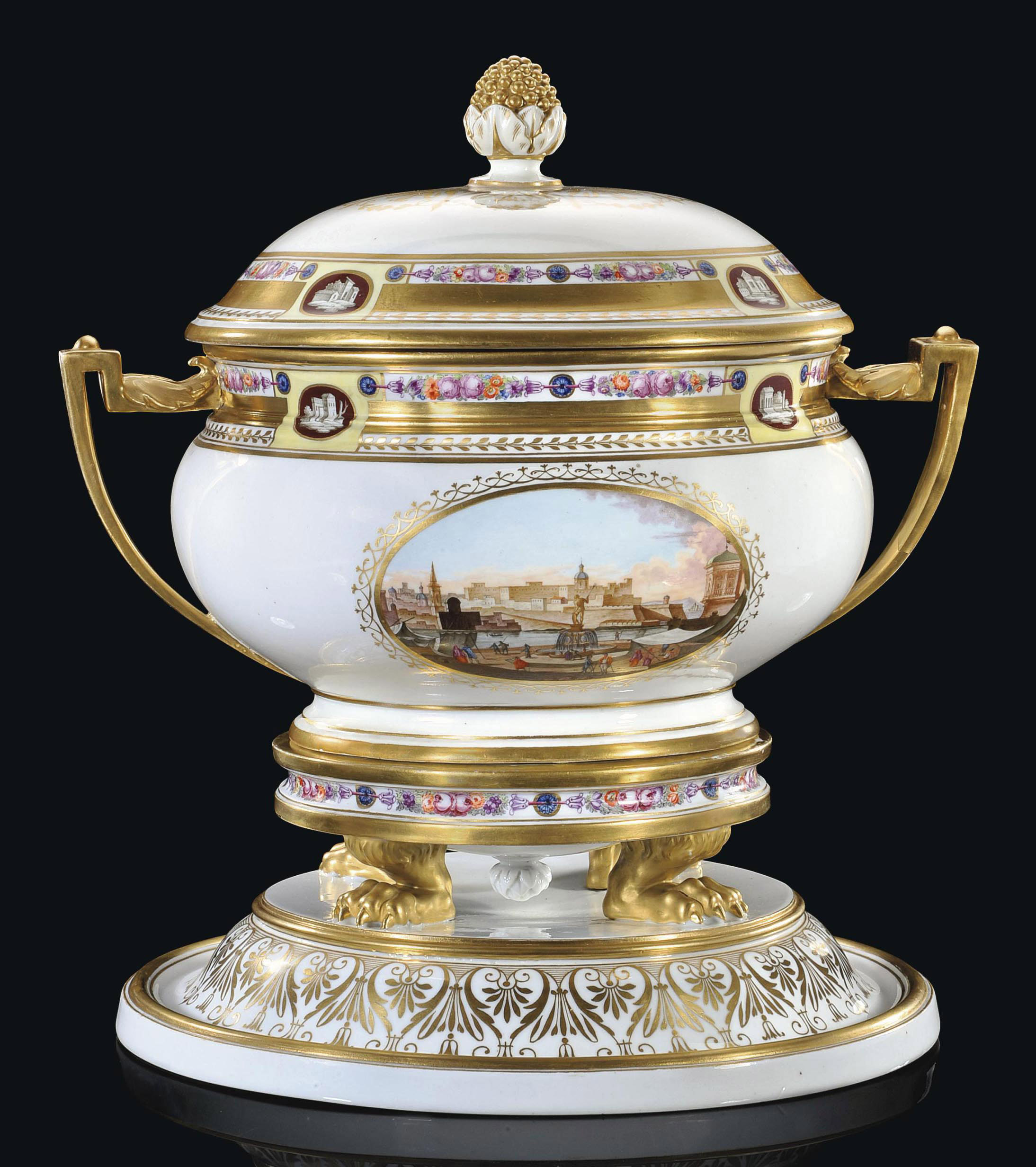 A RARE AND IMPORTANT PORCELAIN TUREEN, COVER AND STAND FROM THE DOWRY