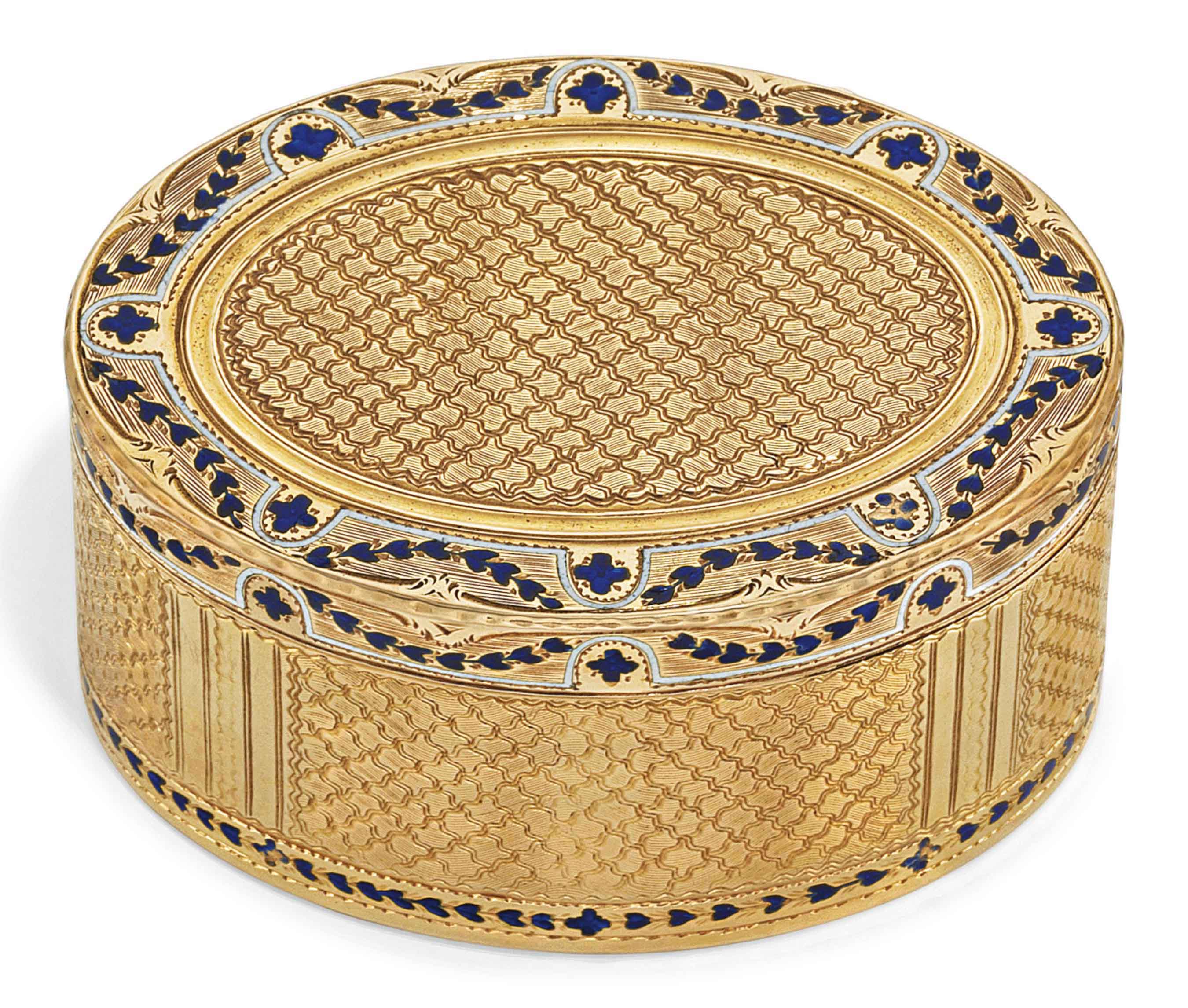 A SWISS GOLD SNUFF-BOX SET WITH AN ENAMEL PLAQUE, GENEVA, CIRCA 1815/ ...