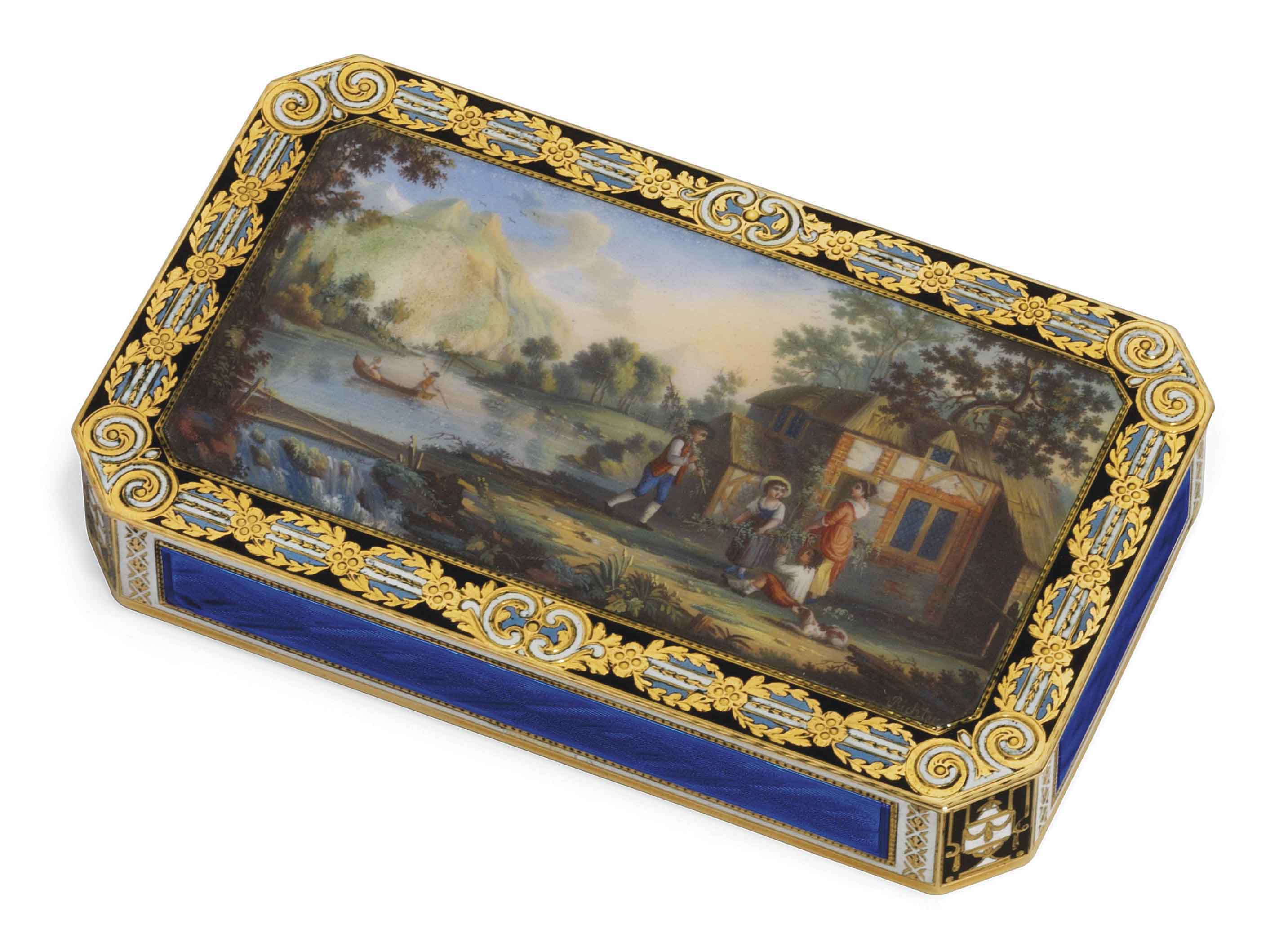 A SWISS GOLD SNUFF-BOX SET WITH AN ENAMEL PLAQUE, GENEVA, CIRCA 1815/ ...