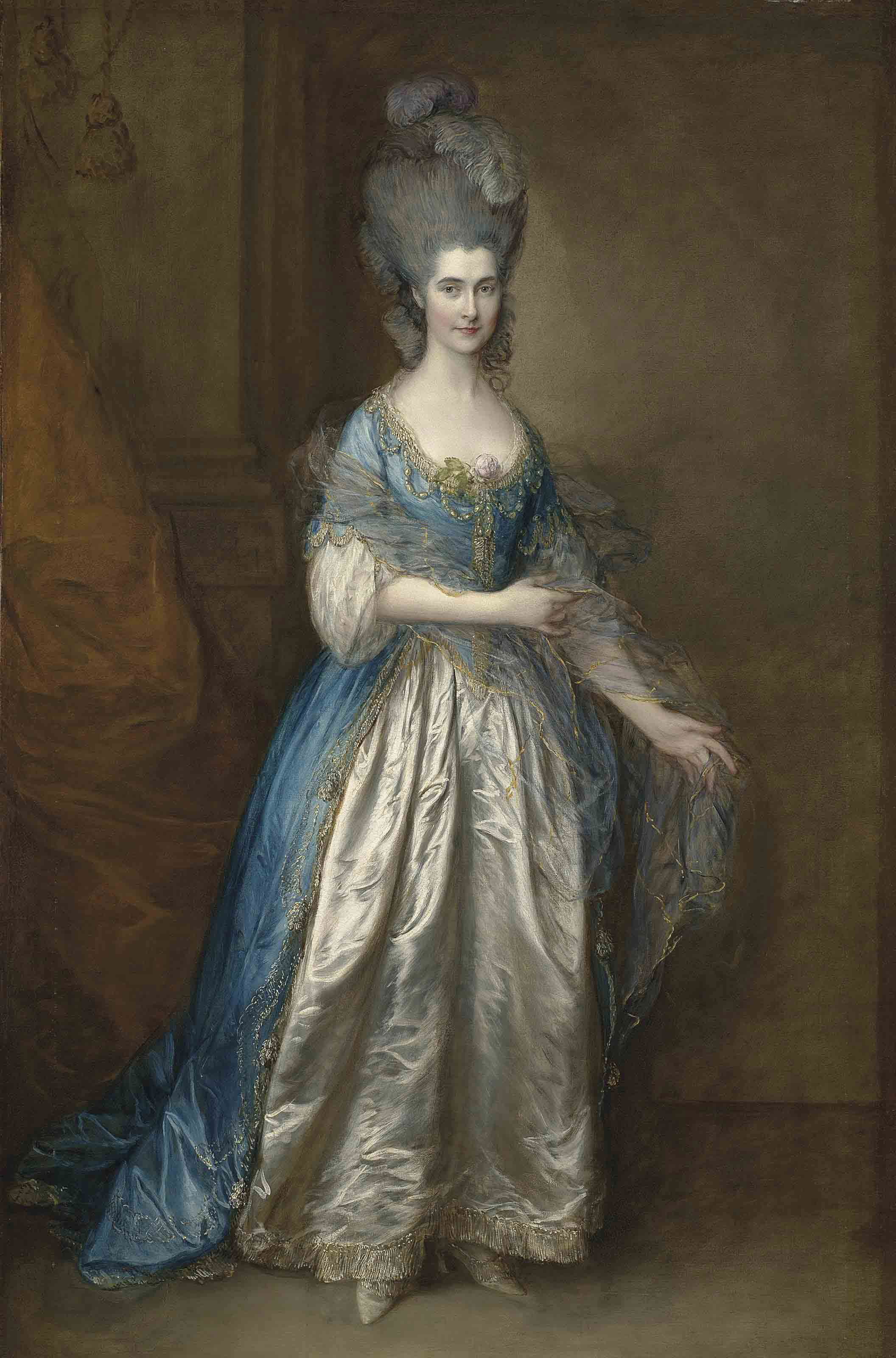 Thomas Gainsborough R A Sudbury Suffolk 1727 1788 London Portrait Of Mrs William Villebois Full Length In Masquerade Dress With A Blue Gown And A Lace Edged Satin Skirt Holding A Diaphanous Wrap Beside A