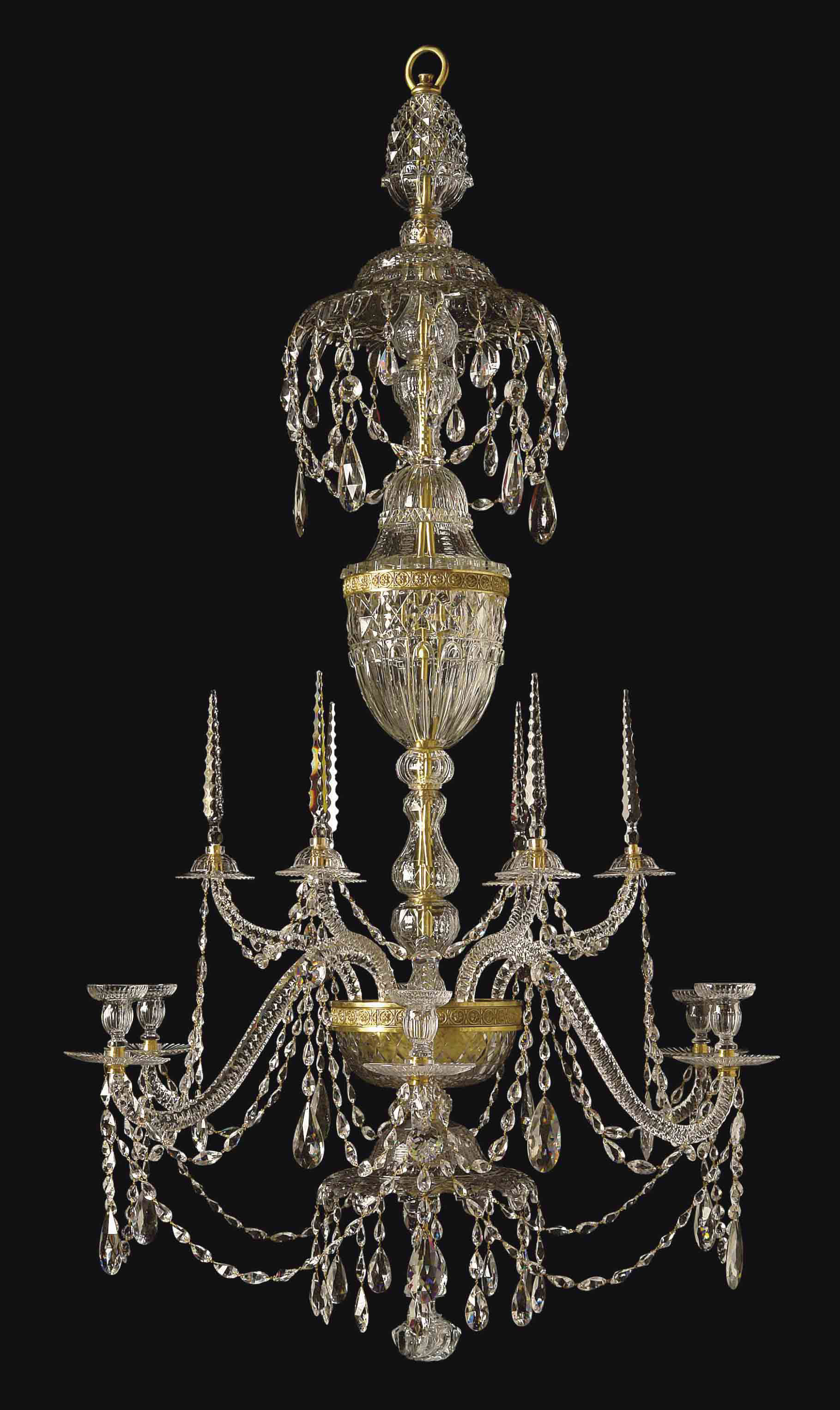 A III ORMOLUMOUNTED CUTGLASS SIXLIGHT CHANDELIER , ATTRIBUTED