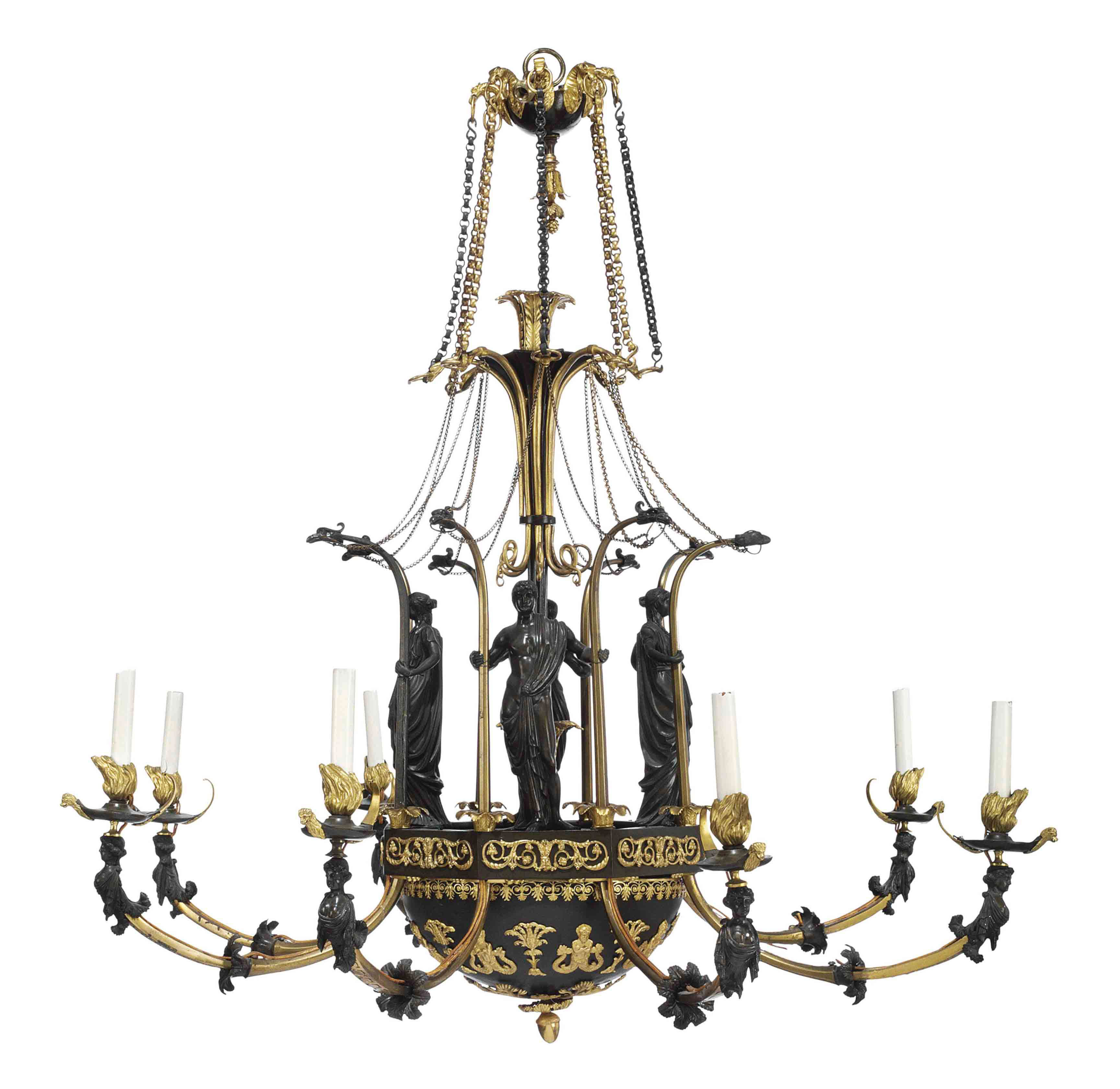A Russian Ormolu And Patinated Bronze Eight Light Chandelier