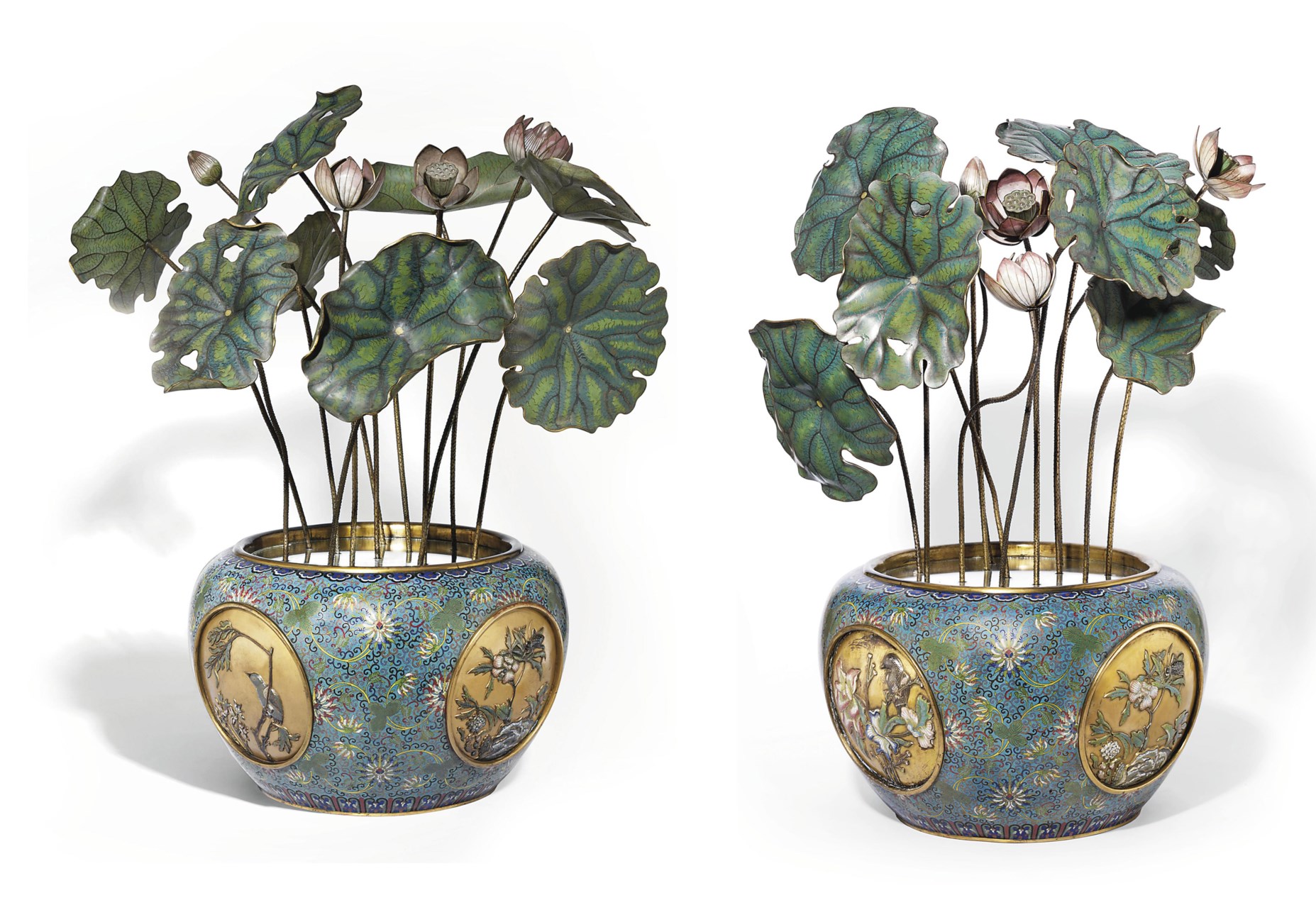 A MAGNIFICENT PAIR OF LARGE CLOISONNÉ AND CHAMPLEVÉ ENAMEL 'LOTUS POND