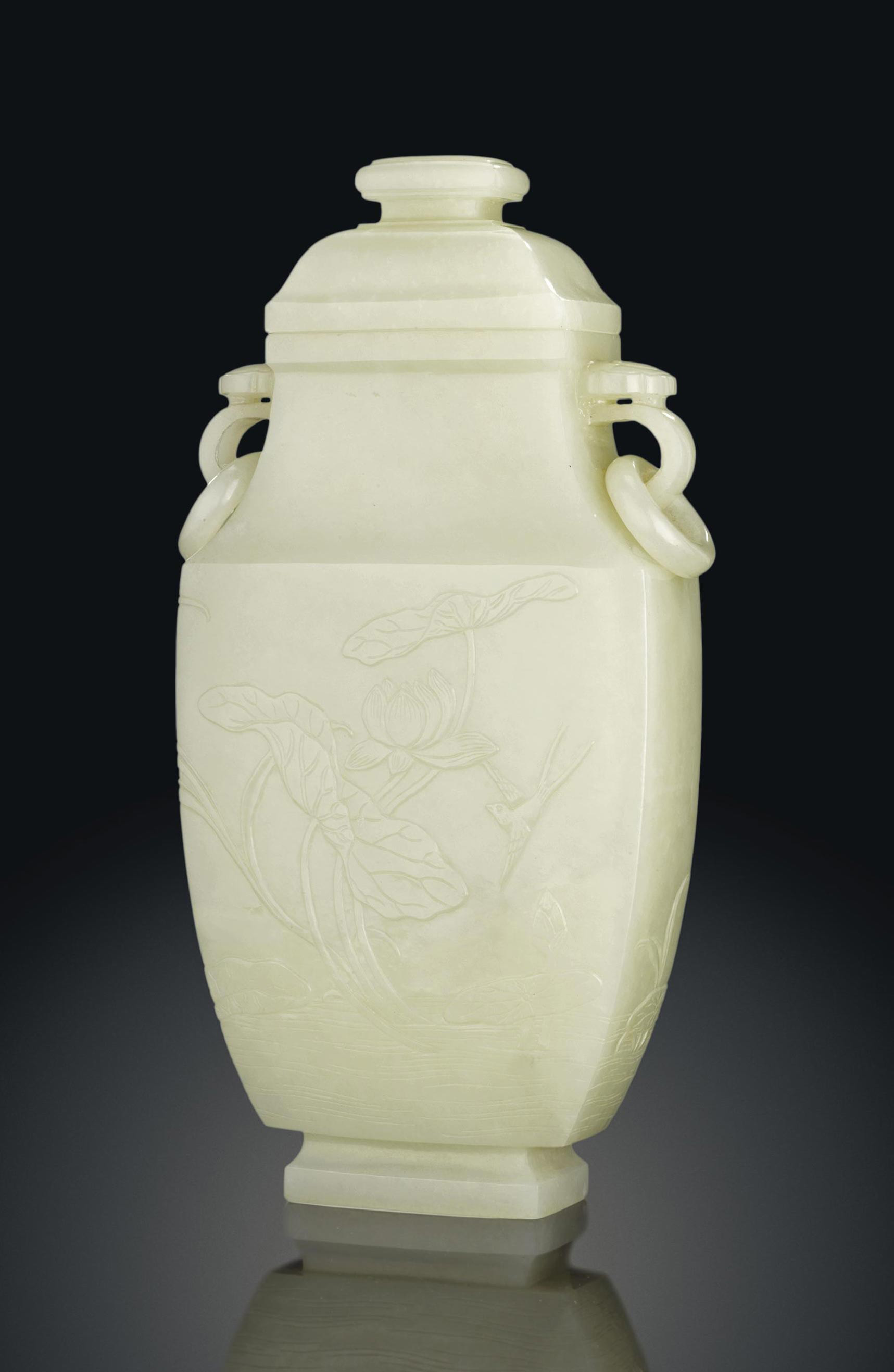A WHITE JADE 'LOTUS' VASE AND COVER , QIANLONG PERIOD
