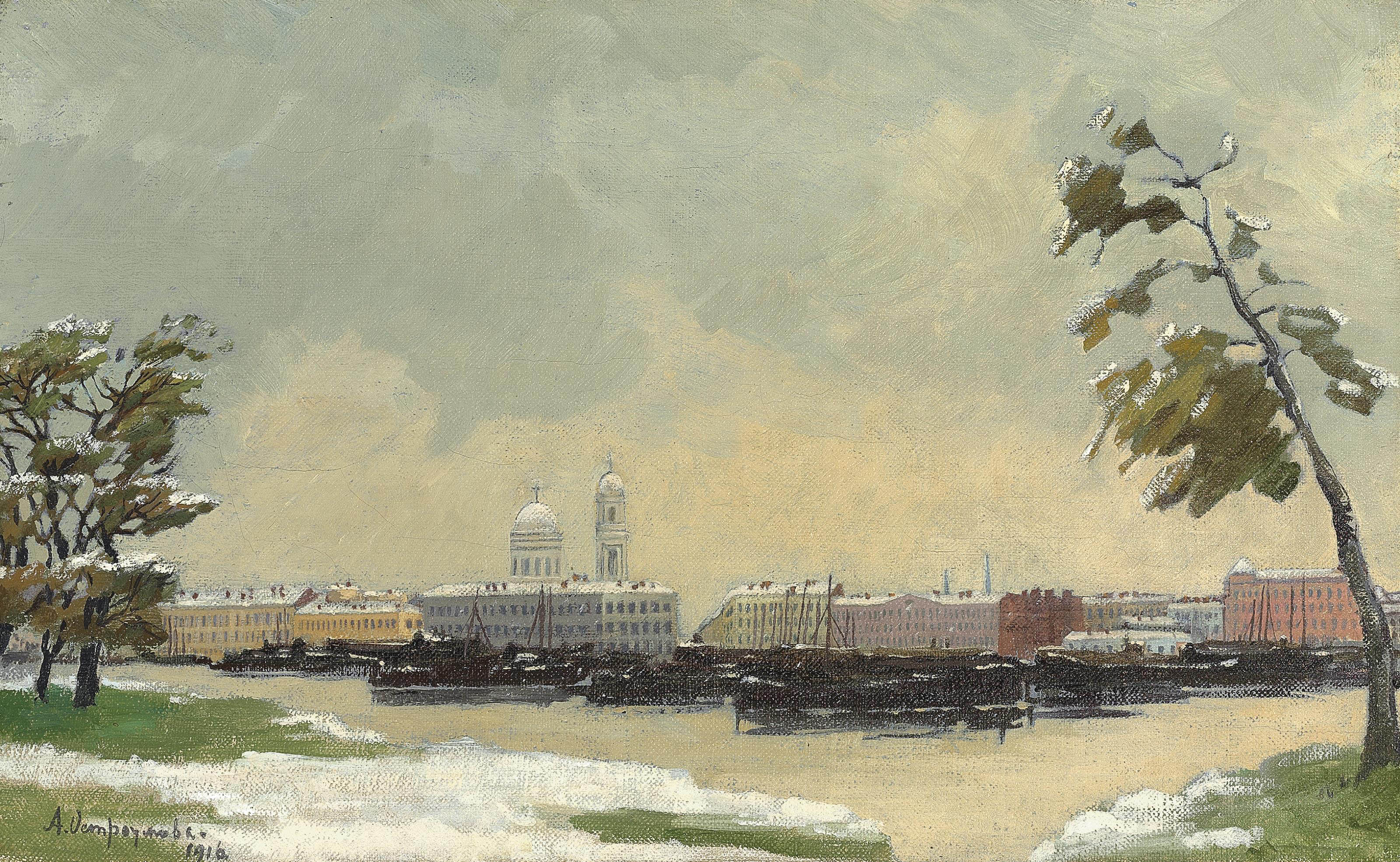 Anna Ostroumova-Lebedeva (1871-1955), Autumn in St Petersburg, 1916. Oil on canvas. Dimensions: 10 x 16  in (25.4 x 40.7  cm). Sold for &pound;43,250 on 28 November 2011 at Christie&rsquo;s in London