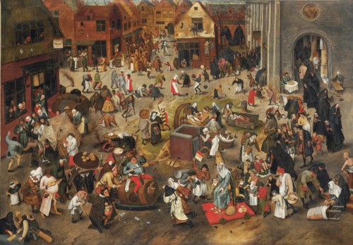 小彼得‧勃鲁盖尔(1564/5-1637/8)，《狂欢节与四旬斋之战》。油彩 画布。47 x 67⅜吋(119.4 x 171.2公分)。此作于2011年12月6日在佳士得伦敦售出，成交价6,873,250英镑